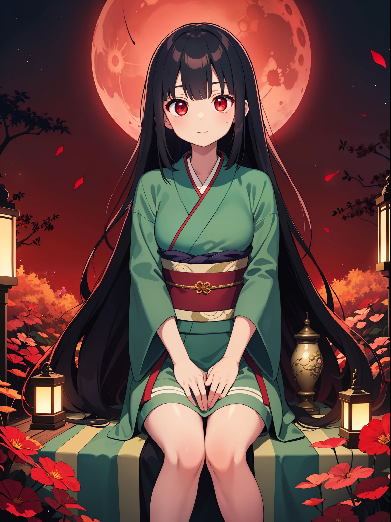 Masterpiece, best quality, 1girl , black hair , red eyes, kimono, obi , hanfu , darkness, dark , luminous, glowing skin, bioluminescence, luminesce, partical, bioluminescent plants, glowing red forest, red skin ,red blood moon