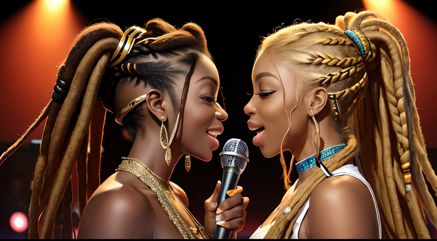 (Masterpiece:1.2), (Best Quality:1.2), perfect eyes, Woman in her 40s, perfect faces, Dark stage lighting, photo shoot, (Light blonde), (Light blonde), (Light blonde), long hair, ponytail hair, long hair, ponytail hair, long hair, ponytail hair, 1Girl dark skin, Gorgeous tribal dresses, thick eyelashes, makeups, eyeshadows, (Dreadlocks ), (Dreadlocks ), (Dreadlocks ), (microphone), (Singing on the club stage), (microphone), (Singing on the club stage), (microphone), (Singing on the club stage), (Hip Hop), (Hip Hop), (Hip Hop), (Two women holding microphones look at each other and sing), (Two women holding microphones look at each other and sing), (Two women holding microphones look at each other and sing), (Two women holding microphones look at each other and sing), (Two women holding microphones look at each other and sing), (Two women holding microphones look at each other and sing)