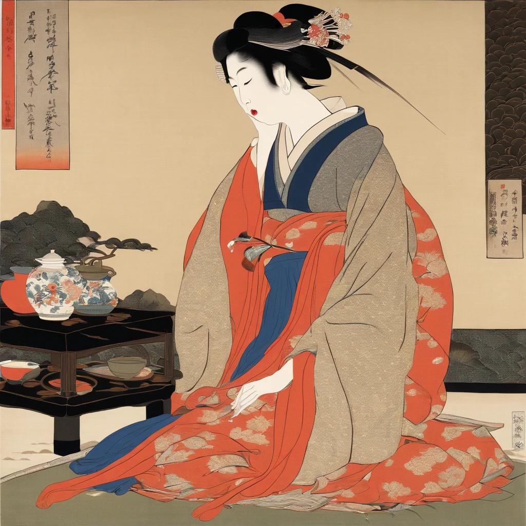 Full body、masutepiece、top-quality、ukiyoe painting　Sharaku　Woman Blowing Beadlo