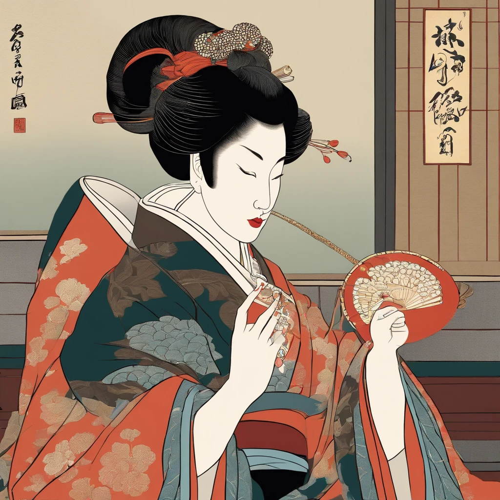 Masterpiece、top-quality、ukiyoe painting　Sharaku　Woman Blowing Beadlo