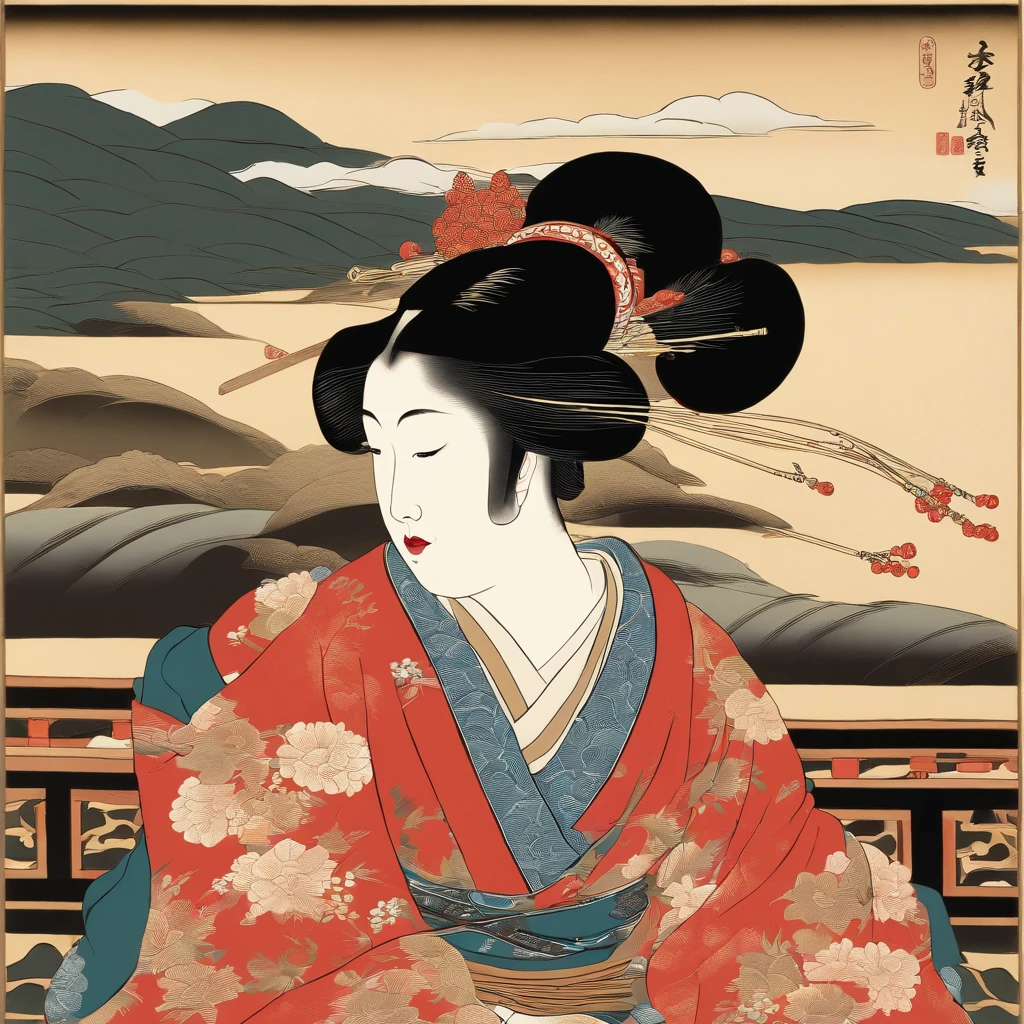 A close up of a woman in a kimono sitting on a bench - SeaArt AI