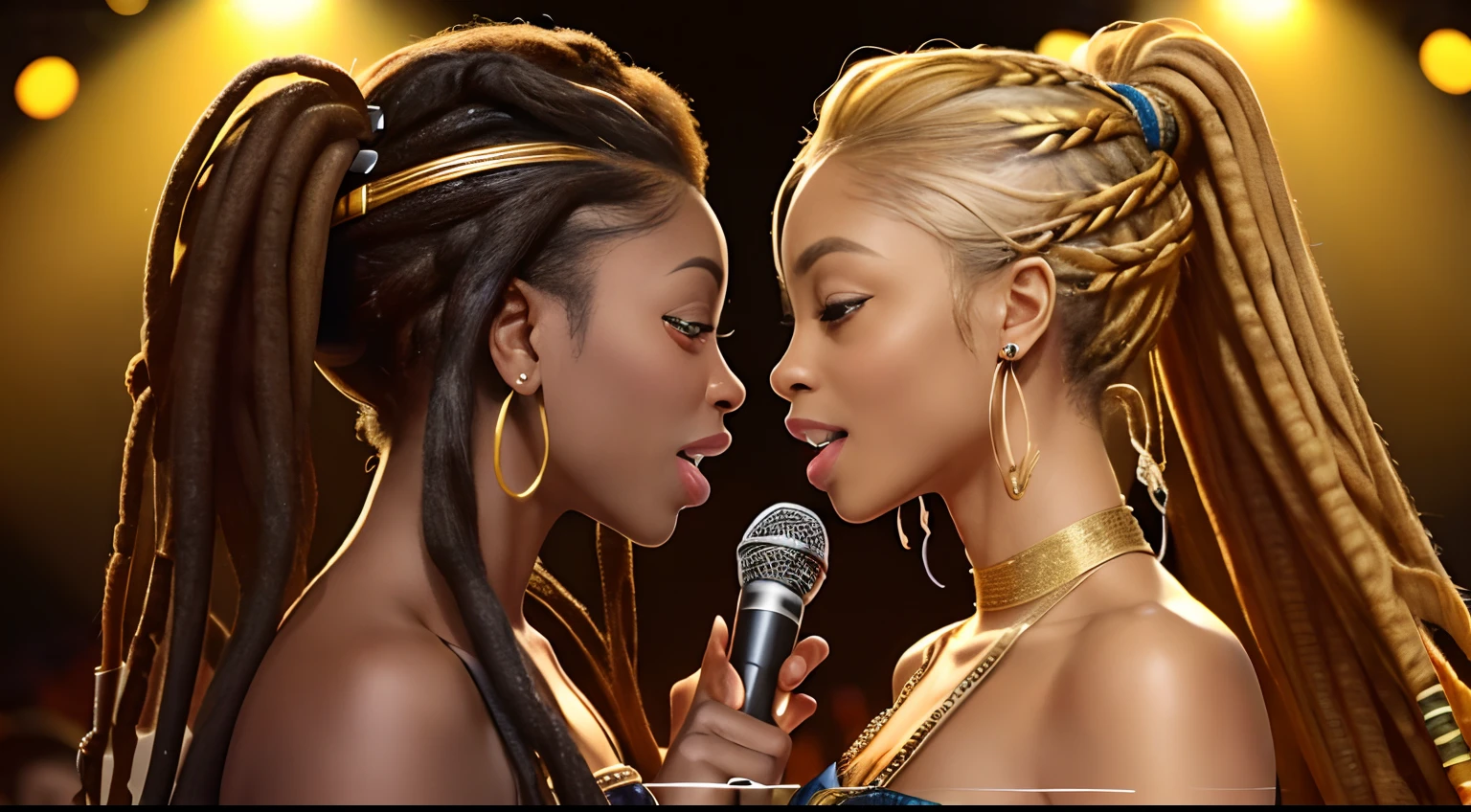 (Masterpiece:1.2), (Best Quality:1.2), perfect eyes, Woman in her 40s, perfect faces, Dark stage lighting, photo shoot, (Light blonde), (Light blonde), (Light blonde), long hair, ponytail hair, long hair, ponytail hair, long hair, ponytail hair, 1Girl dark skin, Gorgeous tribal dresses, thick eyelashes, makeups, eyeshadows, (Dreadlocks ), (Dreadlocks ), (Dreadlocks ), (microphone), (Singing on the club stage), (microphone), (Singing on the club stage), (microphone), (Singing on the club stage), (Hip Hop), (Hip Hop), (Hip Hop), (Two women holding microphones look at each other and sing), (Two women holding microphones look at each other and sing), (Two women holding microphones look at each other and sing), (Two women holding microphones look at each other and sing), (Two women holding microphones look at each other and sing), (Two women holding microphones look at each other and sing)