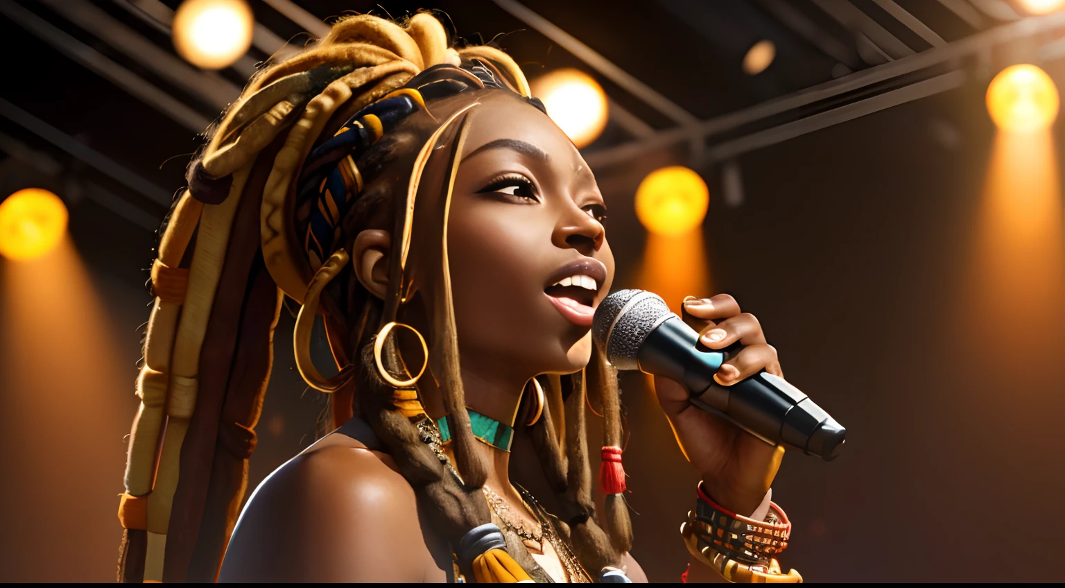 (Masterpiece:1.2), (Best Quality:1.2), perfect  eyes, Woman in her 40s, perfect faces, Dark stage lighting, photo shoot, (Light blonde), (Light blonde), (Light blonde), long  hair, ponytail hair, long  hair, ponytail hair, long  hair, ponytail hair, 1Girl dark skin, Gorgeous tribal dresses,  thick eyelashes, makeups, eyeshadows, (Dreadlocks ), (Dreadlocks ), (Dreadlocks ), (microphone), (Singing on the club stage), (microphone), (Singing on the club stage), (microphone), (Singing on the club stage), (Hip Hop), (Hip Hop), (Hip Hop), (Look straight ahead), (Look straight ahead), (Look straight ahead), (2 women), (2 women), (2 women)