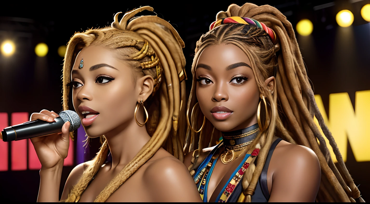 (Masterpiece:1.2), (Best Quality:1.2), perfect eyes, Woman in her 40s, perfect faces, Dark stage lighting, photo shoot, (Light blonde), (Light blonde), (Light blonde), long hair, ponytail hair, long hair, ponytail hair, long hair, ponytail hair, 1Girl dark skin, Gorgeous tribal dresses, thick eyelashes, makeups, eyeshadows, (Dreadlocks ), (Dreadlocks ), (Dreadlocks ), (microphone), (Singing on the club stage), (microphone), (Singing on the club stage), (microphone), (Singing on the club stage), (Hip Hop), (Hip Hop), (Hip Hop), (Look straight ahead), (Look straight ahead), (Look straight ahead), (2 women), (2 women), (2 women)