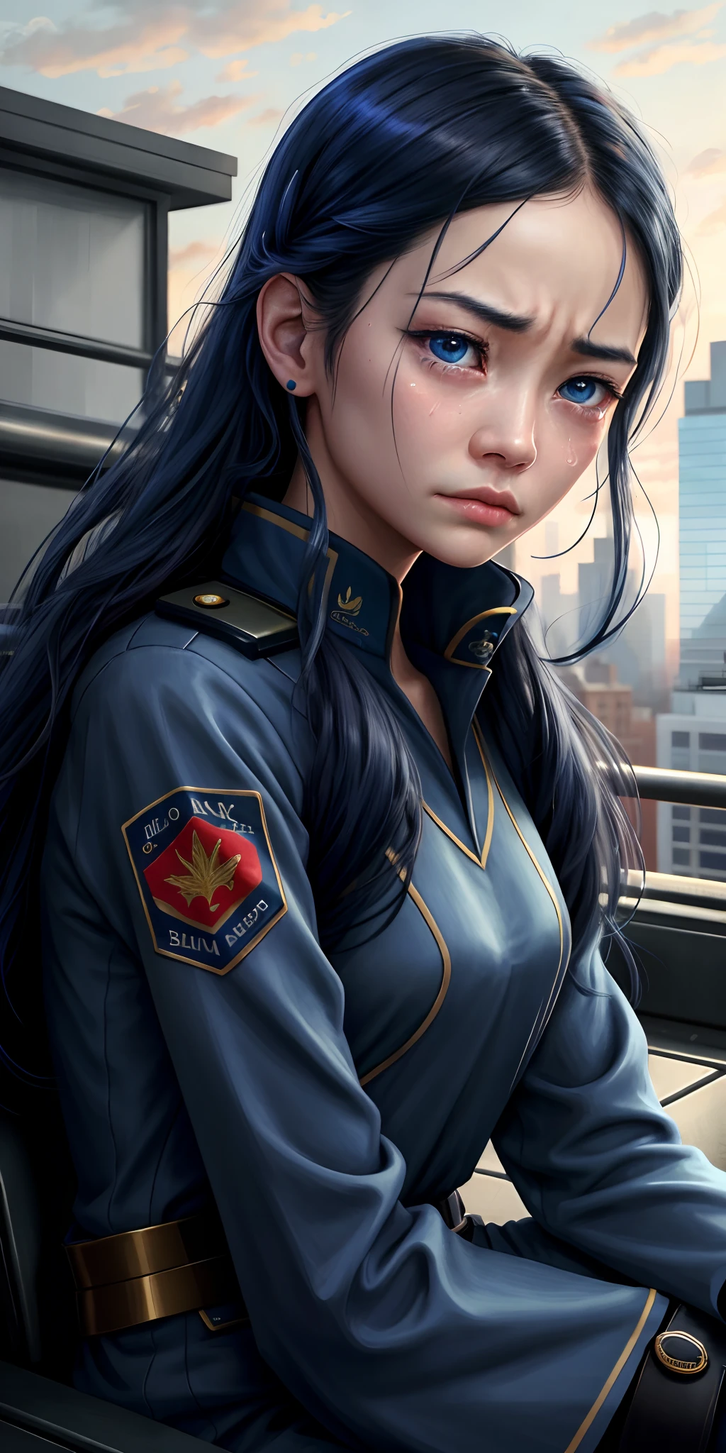 (best quality,4k,highres,masterpiece:1.2),ultra-detailed,realistic,asian girl,elaborate futuristic military uniform,long dark hair,(blue color eyes)distorted expression of (sadness:1.5),tears welling up in her eyes,city rooftop,hand covering mouth to suppress crying,close-up of upper body,focus on the face,glowing veins on the clothing,sitting upright on the rooftop