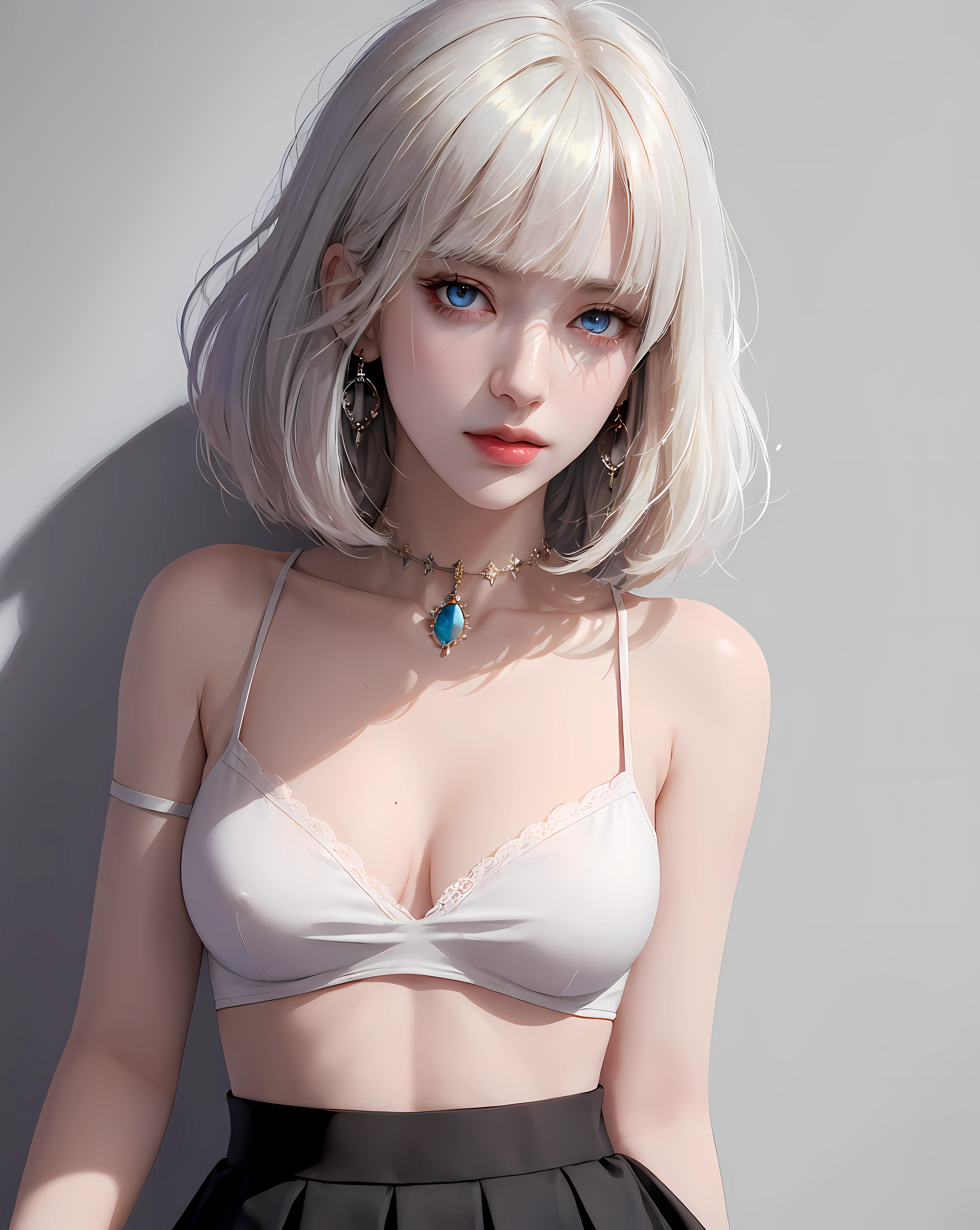 (masterpiece, best quality, (1girl:1.5), solo, intricate details, chromatic aberration), (realistic), (skin), ((breath)), (wavy white hair, bob cut, blunt bangs), detailed hair, red head ornament, blue highlights, hair over one eye, small earrings, sharp eyes, purple eyes, choker, ((black crop top )), (skirt), open waist, (symmetry eyes), (perfect symmetrical body), night, (((natural light))), backlighting, against grey wall, dim lighting ,look at viewer, ((centered shot, from front,(face and waist))), (large breasts: 1.2), cleavage,