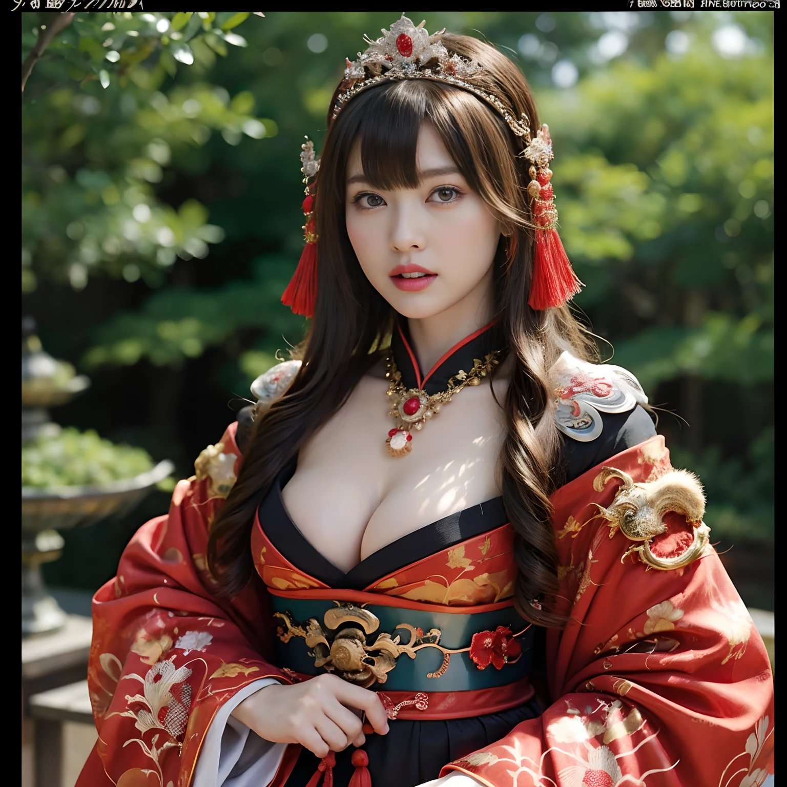 (Fight fiercely with dragons)、top-quality、masterpiece、超A high resolution、(Wearing a colorful Japan kimono)、Kimono with beautiful pattern、(Wearing a beautiful crown made of jewels),(Photorealsitic:1.4)、Raw photo、1人、Japan big castle background、glowy skin、(((Chinese Dragon)))、(Gorgeous Jewelry Necklaces)、(Mystical expression)、(Fight big dragons)、Kimono with beautiful pattern of Japan、(Metal bodysuit)、(beautiful forest background)、Precipitous cliffs、(Small LED)、((super realistic details))、portlate、globalillumination、Shadow、octan render、(There is also a shrine in the background)、8K、ultrasharp、Colossal tits、Raw skin is exposed in cleavage、metals、Details of complex ornaments、Japan details、highly intricate detail、Realistic light、CGSoation Trends、Blue eyes、radiant eyes、Facing the camera、neon details)、Gundam、Small LED、,Mechanical thighs、Toostock、(Full Body Angle)、(veils)、