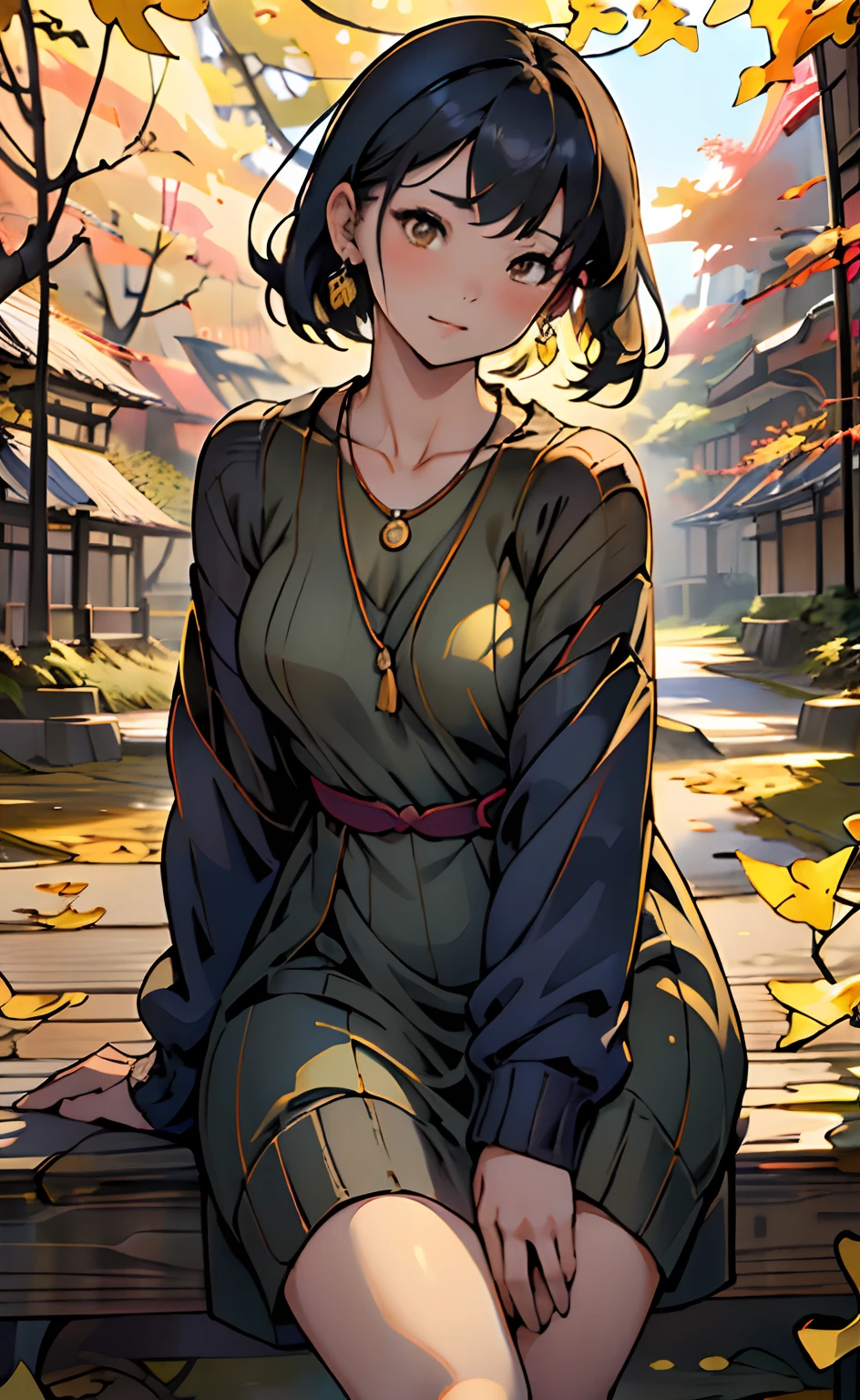 masutepiece:1.2, High quality, Best Quality, High resolution,Full Body Angle, girl with、Extraordinary beauty、15yo student、Curly hair、a short bob、 small tits、((Dark blue knitted dress:1.2,Simple Necklace,Cute earrings))、Sunset,((( a park、Autumn leaves,Ginkgo tree with yellow leaves)))、 Portrait, (Detailed face), ((Natural look)), ((Face))、(((I can't see the background:1.3)))