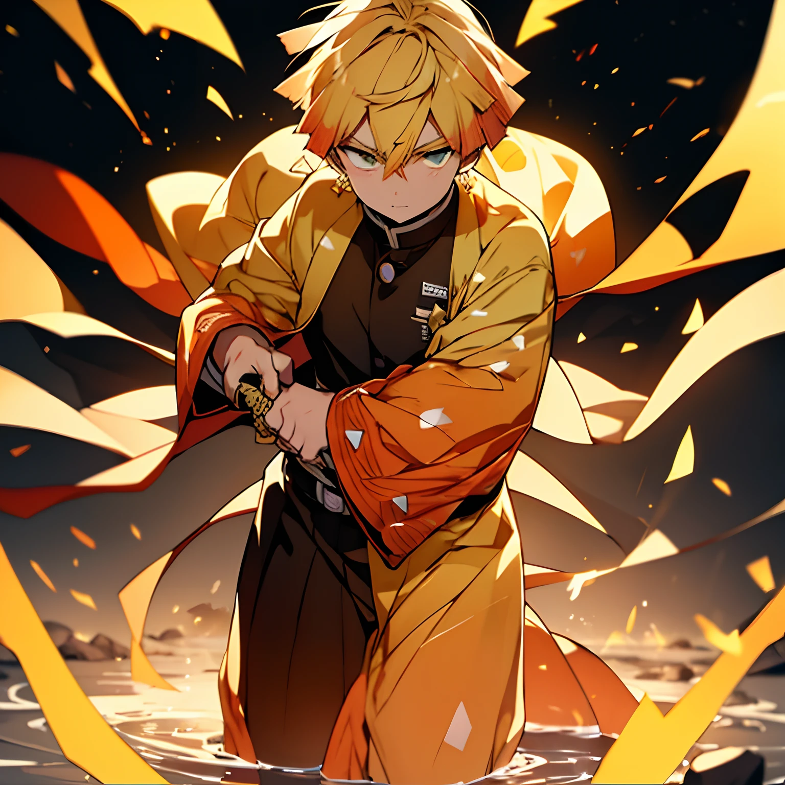 "Craft an intense 32K artwork of Zenitsu in the midst of battle, with his sword drawn and orange energy emanating from him. Utilize the style of the Stars Art Group Xing Xing for a unique visual aesthetic. Ensure every detail, from the folds in his clothing to the intensity of his gaze, is perfectly rendered using Unreal Engine's niji 5 settings."