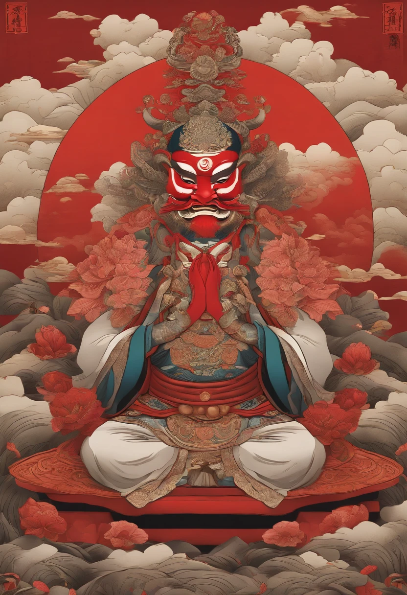 Japan myths,Tengu Warrior, Tengu Japan Kannon, Inspired by India, Sugasa,Sugasa hat, Red Mask, long snout, Nose together, serene expressions, shui mo hua, lotuses, chinese painting style, Thangka style