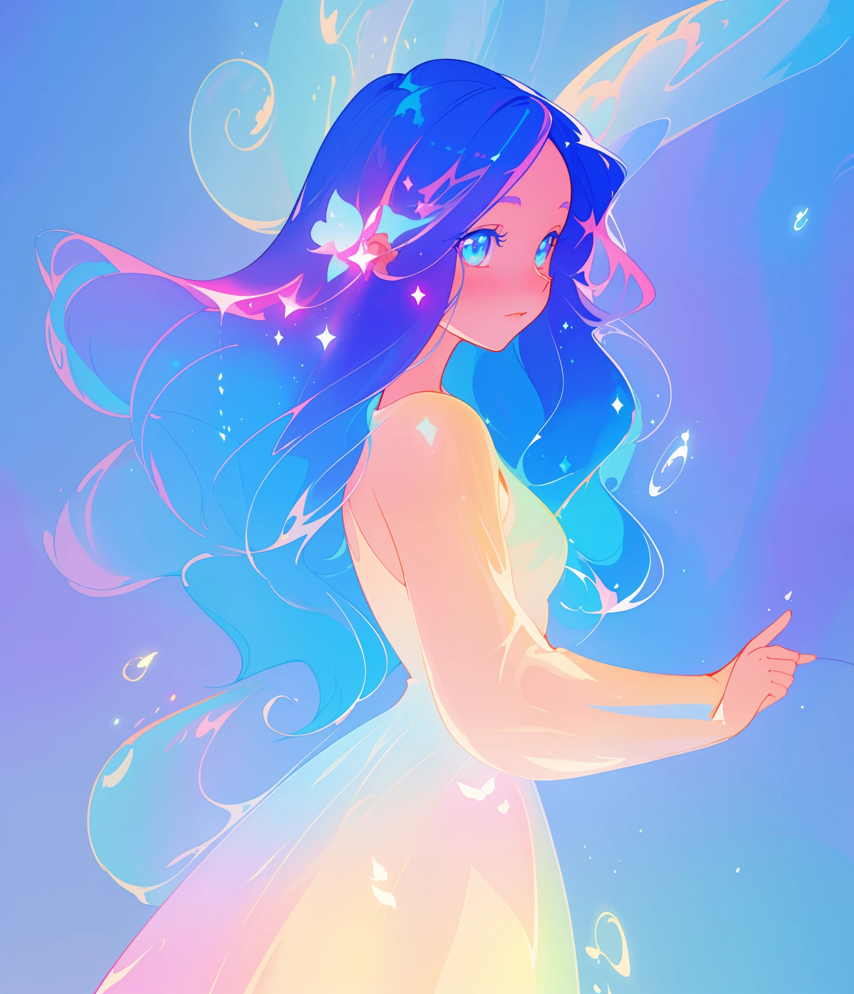 beautiful anime girl in colorful liquid dress, vibrant pastel colors, (colorful), magical lights, sparkling liquid light, colorful cosmic hair, inspired by Glen Keane, inspired by Lois van Baarle, disney art style, by Lois van Baarle, glowing aura around her, by Glen Keane, jen bartel, glowing lights! digital painting, flowing glowing hair, glowing flowing hair, beautiful digital illustration, fantasia background, whimsical, magical, fantasy, beautiful face, ((masterpiece, best quality)), intricate details, highly detailed, sharp focus, 8k resolution, sparkling detailed eyes, liquid watercolor