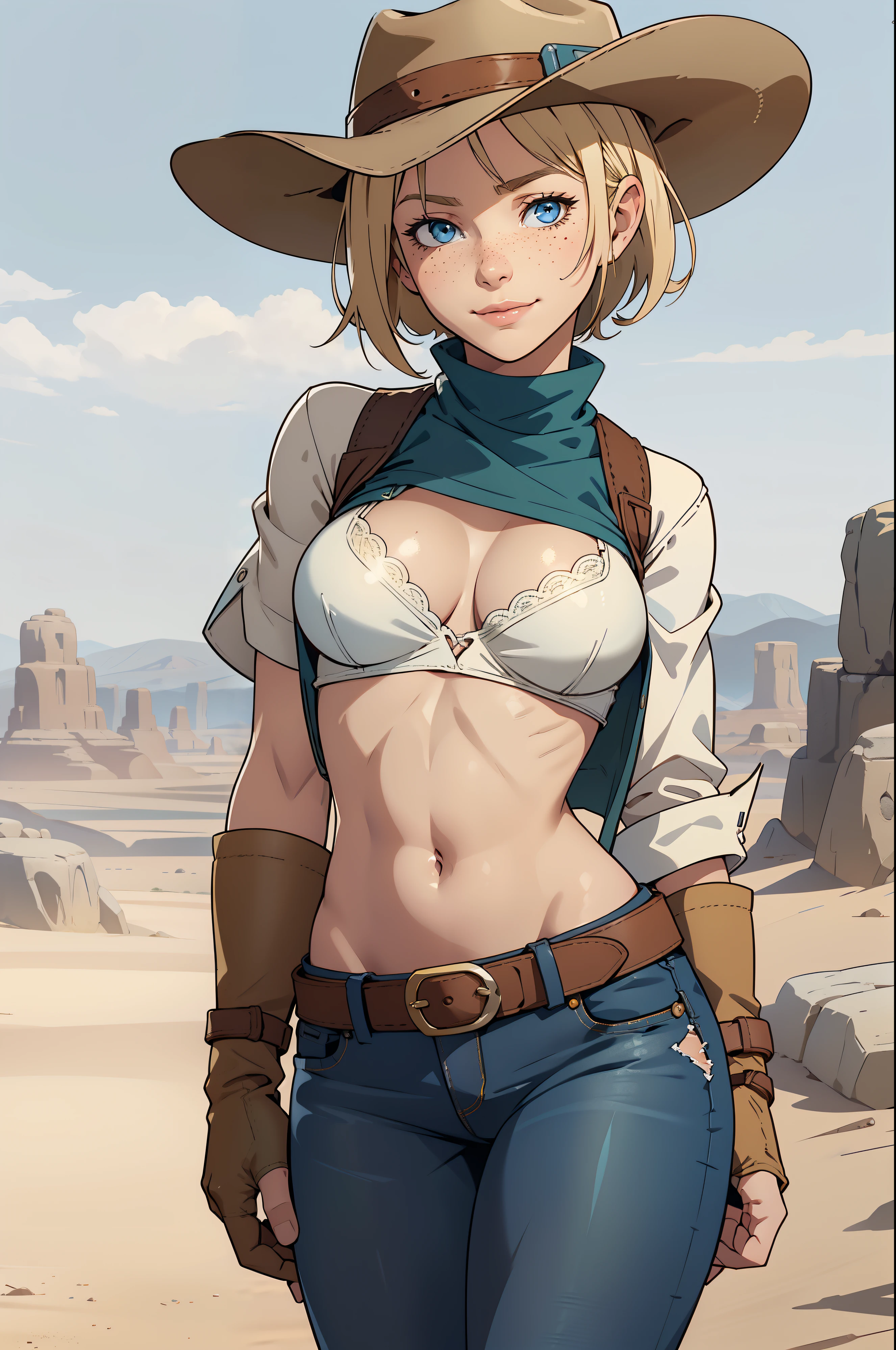 1girl, cowboy hat, white bra, green vest, no sleeves, navel, blue jeans, brown boots, fingerless gloves, short gloves, slight smile, short hair, blonde hair, parted bangs, blue eyes, slight freckles, sensual pose, wild West background, sunny desert background, belt, best quality, masterpiece