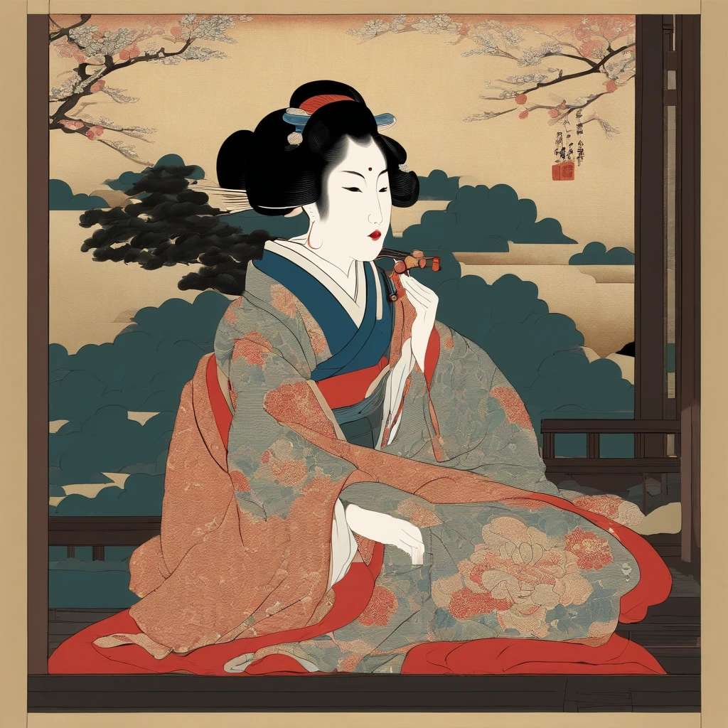 Full body、masutepiece、top-quality、ukiyoe painting　Sharaku　Woman Blowing Beadlo
