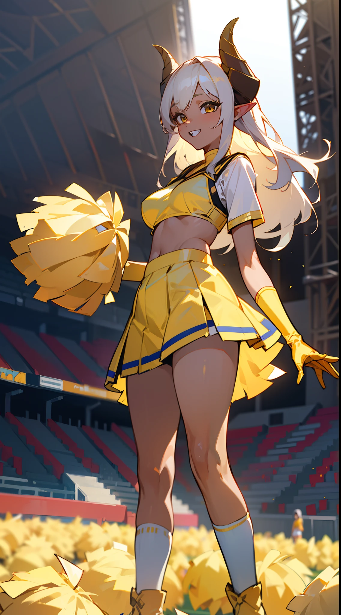 (Original Character,8k, Masterpiece, Best Quality,Detailed, solo),1girl,(brown skin), medium breasts,long hair,yellow eyes,white hair,horns,elf ears,(Cheerleader yellow outfit, holding yellow pompoms, standing in a school stadium),happy,teeth,