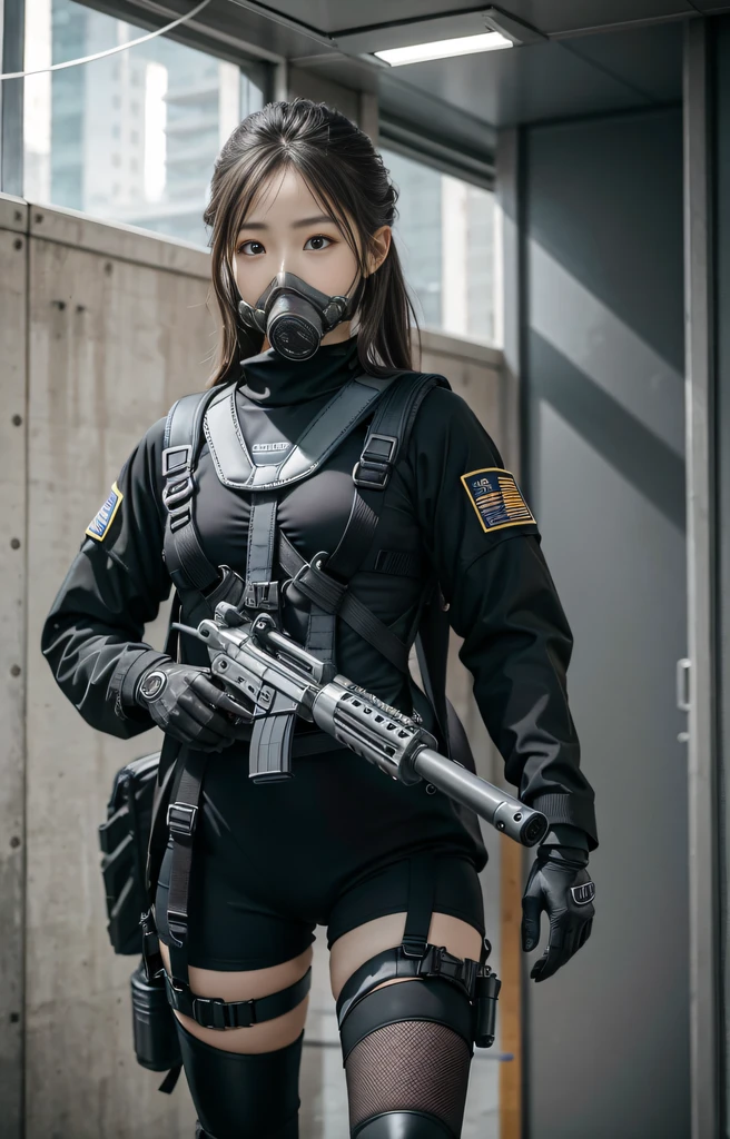 ((Best Quality)), (masutepiece), Photorealistic, Photorealism, 1 Girl Full Body, Aim with an assault rifle, Another girl crouching behind her, combat pose, explosion background, Photorealistic, High resolution, (Detailed face), stares at the camera, (Wearing reckless guards、I like police uniforms, gloves,Black and gray mechs, Wearing a futuristic gas mask, military harness, holding a machine gun, Carry a Hitchtech Backpack), background grey, Finger is blocked