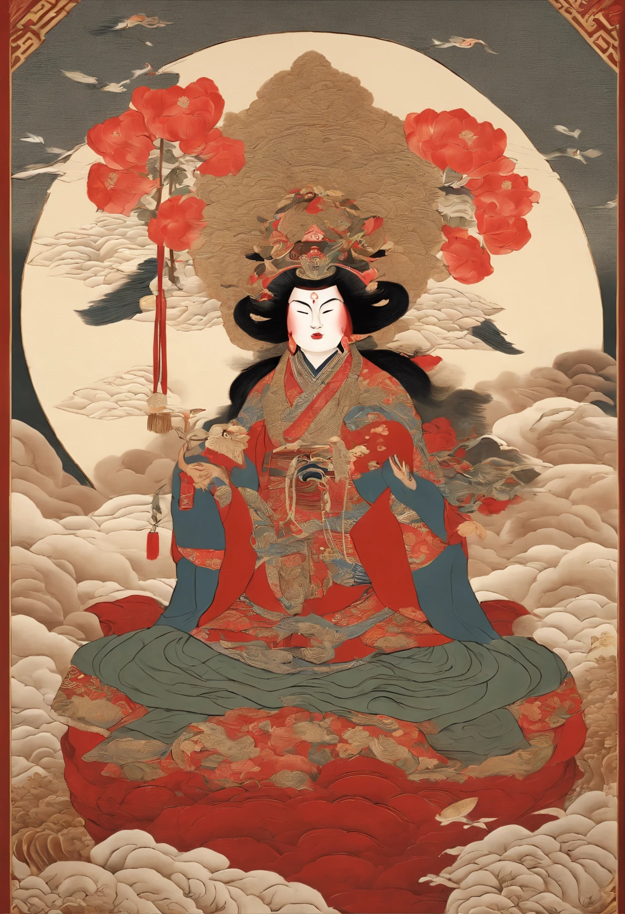 Japan myths,Tengu Warrior, Tengu Japan Kannon, Inspired by India, Sugasa,Sugasa hat, Red Mask, long snout, Nose together, serene expressions, shui mo hua, lotuses, chinese painting style, Thangka style