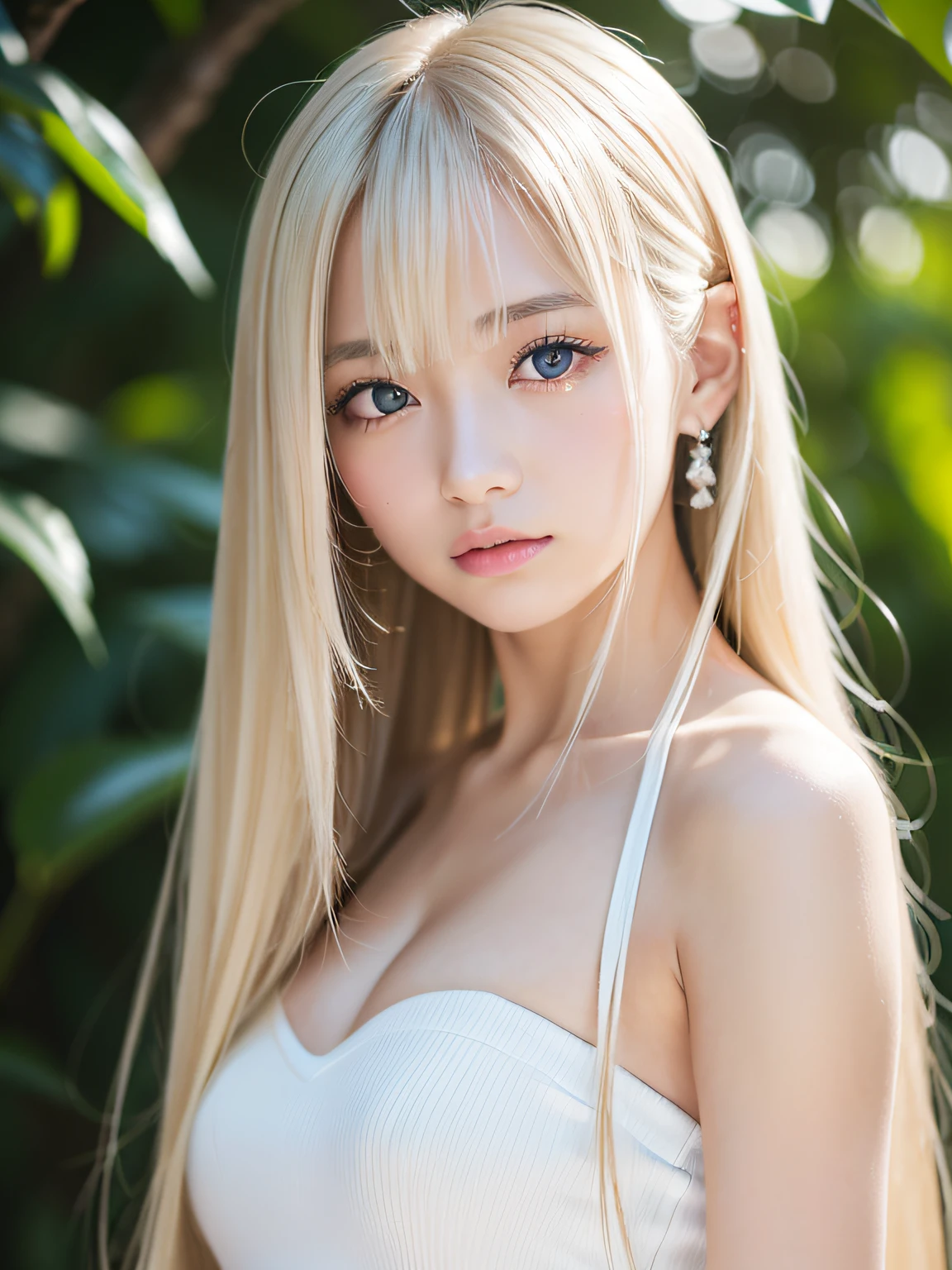 beautiful japanese girl,17 years old,(Bikini and floral pattern isolated on white background:1.5),platinum blonde thin hair,Complex hair details,Super Long Straight Silk Hair,asymmetrical bangs,big magic eyes,beautiful eyes in high resolution,A fleeting expression,smooth and soft skin,pale pink lips,high resolution glossy face,bright makeup,Detailed and perfect clavicle, Beautiful chest in high resolution, beautiful legs in high resolution, summer sunshine, professional lighting, blue sky, White cloud, Low - Angle,professional lighting,professional photographer