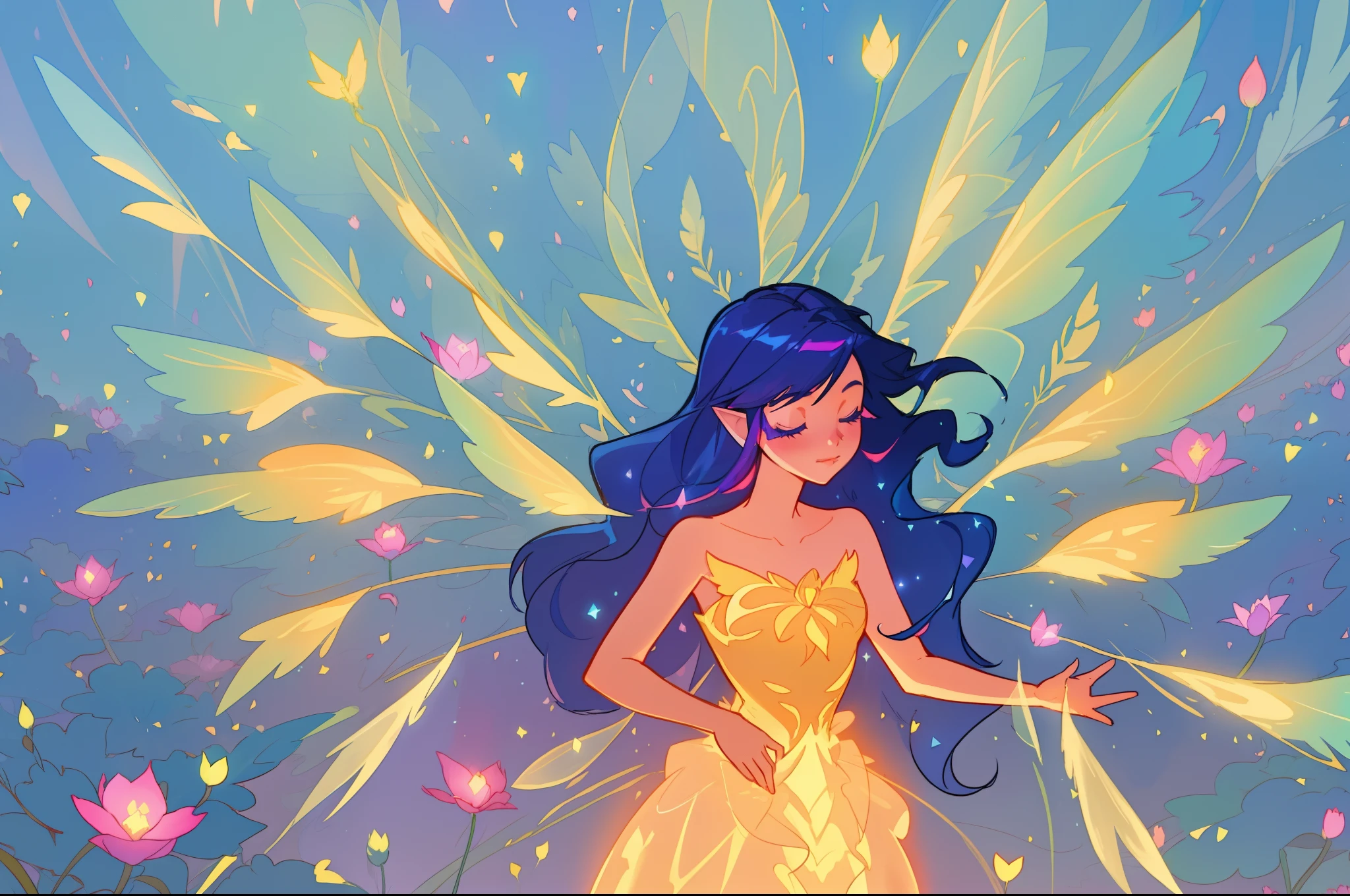 beautiful girl in flowing dress, (glowing fairy wings), glowing flowing ballgown, long wavy hair, sparkling fairy wings, watercolor illustration, flowers and colorful plants, inspired by Glen Keane, inspired by Lois van Baarle, disney art style, by Lois van Baarle, glowing aura around her, by Glen Keane, jen bartel, glowing lights! digital painting, flowing glowing hair, glowing flowing hair, beautiful digital illustration, fantasia otherworldly landscape plants flowers, beautiful, masterpiece, best quality, anime disney style
