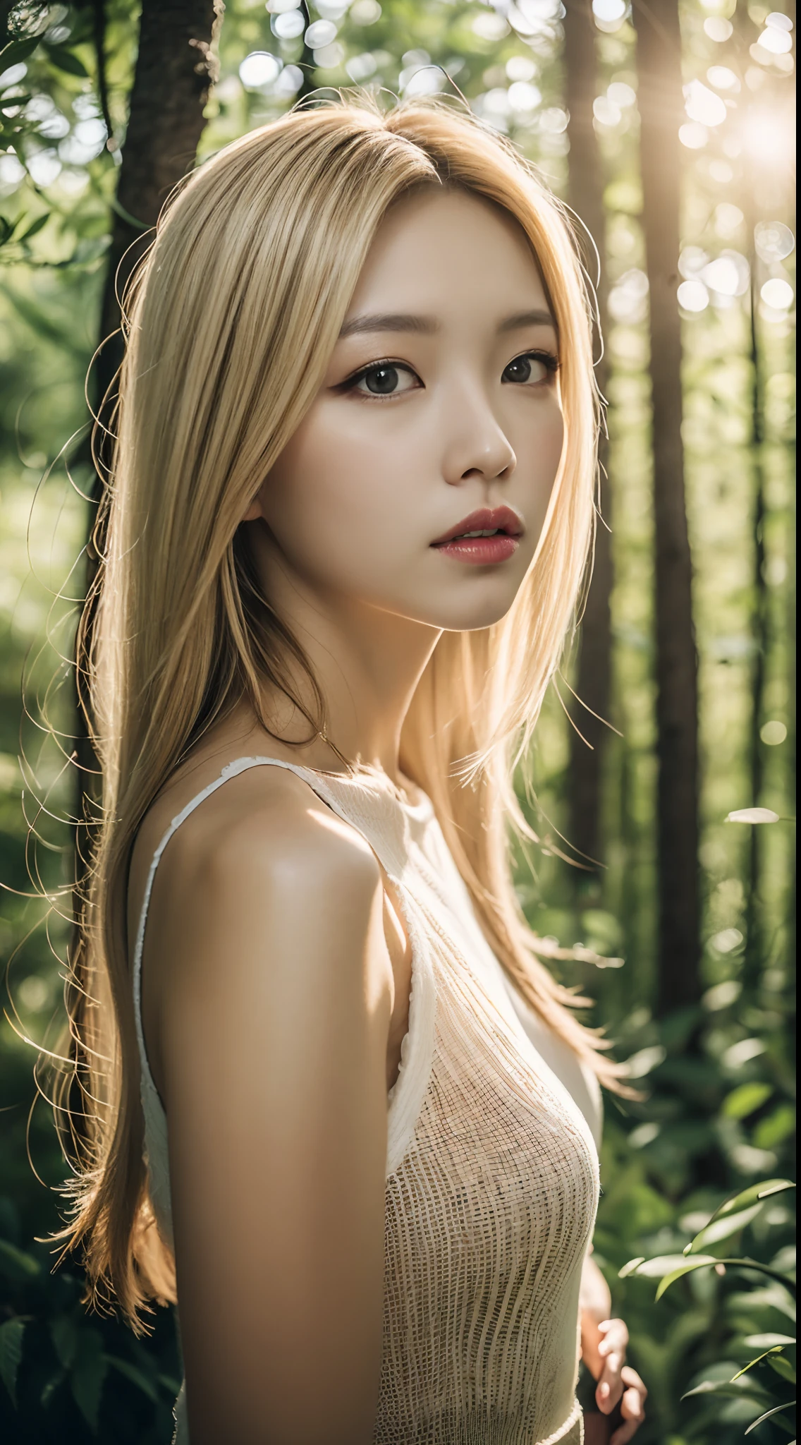 closeup portrait, Sexy SS blonde hair, Parted lips, Lips, Casual dress, Looking at Viewer, Forest background, sunset light, Realistic