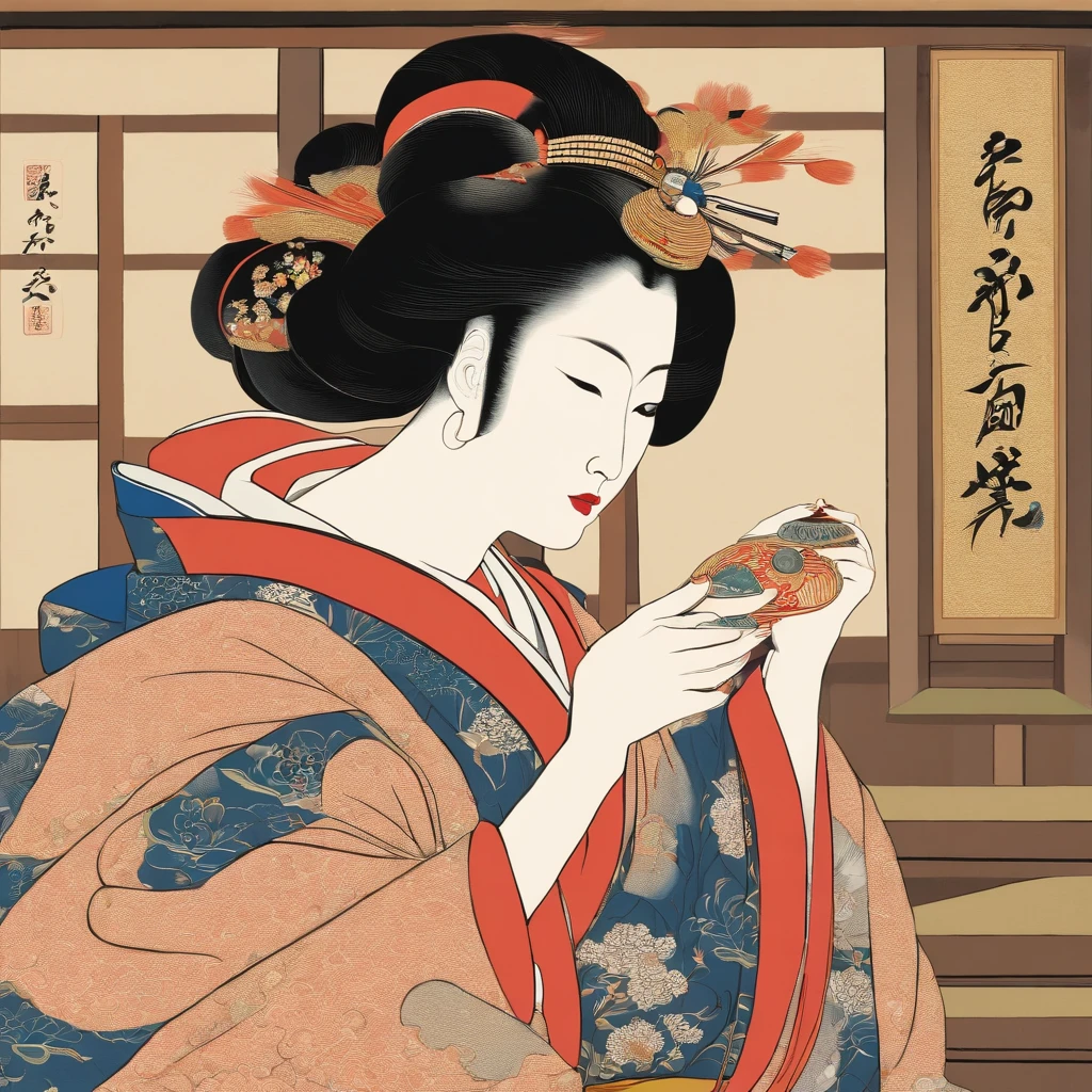Full body、masutepiece、top-quality、ukiyoe painting Sharaku Woman Blowing Beadlo