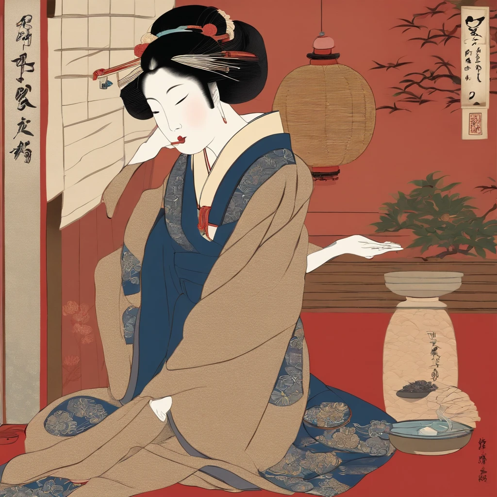 Full body、masutepiece、top-quality、ukiyoe painting Sharaku Woman Blowing Beadlo