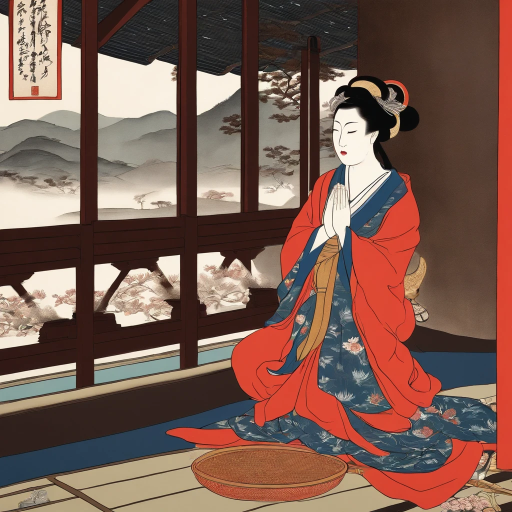 Full body、masutepiece、top-quality、ukiyoe painting　Sharaku　Monastic Woman Praying