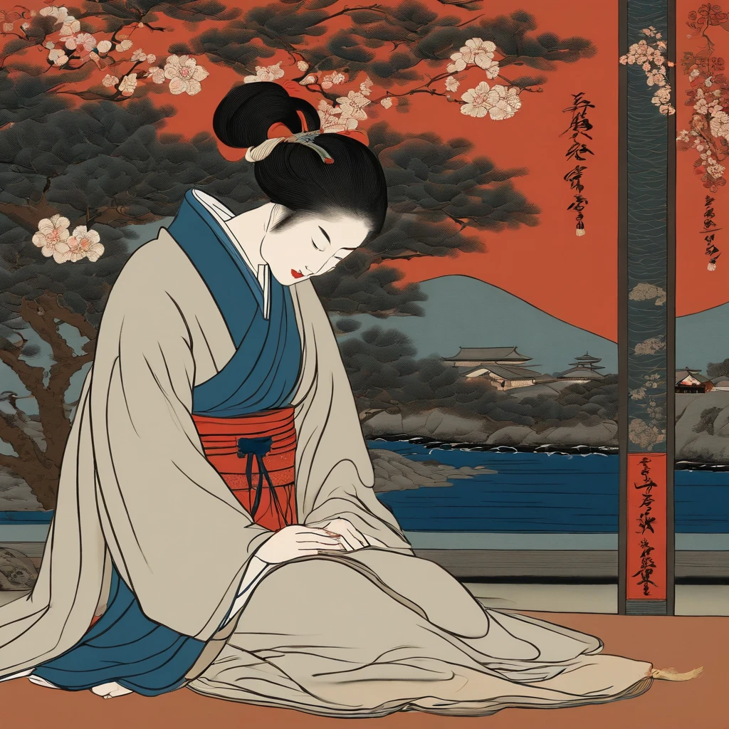 Full body、masutepiece、top-quality、ukiyoe painting Sharaku Monastic Woman Praying