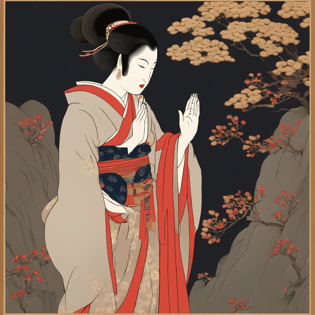 Full body、masutepiece、top-quality、ukiyoe painting Sharaku Monastic Woman Praying