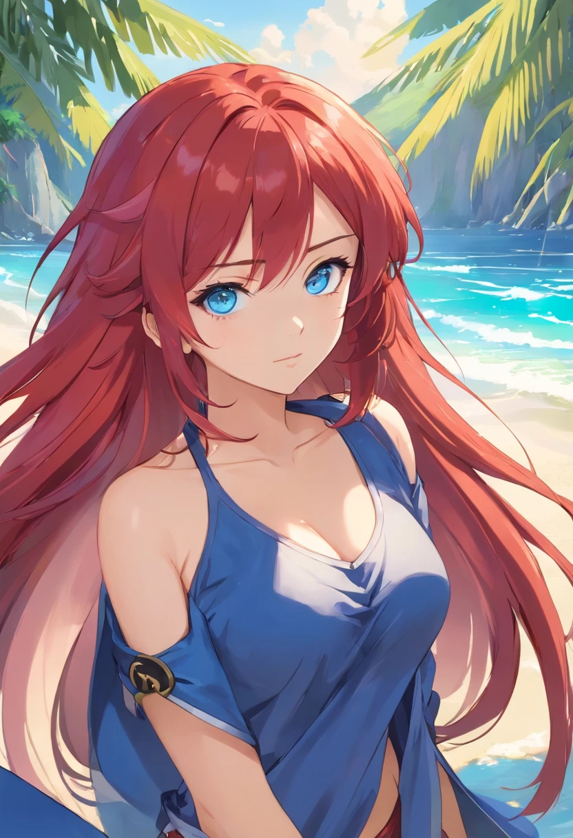 , , mksks style, detailed background, 1 girl, alone, Itsuki Nakano, star hair ornament, long hair, redhead, bangs, hair amazing eyes, Braid, blue eyes, big breasts , hibiscus hair ornament,whole body,While strolling along the sandy sands of the beach、smile,Hard working days々々々Sought solace from the burden of.,Sky blue hair waving in the breeze, It reflected the serenity that filled her heart and the longing for liberation,Red swimsuit,(masterpiece:1.2), highest quality, High resolution, unity 8k wallpaper, (shape:0.8), (beautiful and detailed eyes:1.6), highly detailed face, perfect lighting, Very detailed CG, (perfect hands, perfect anatomy),