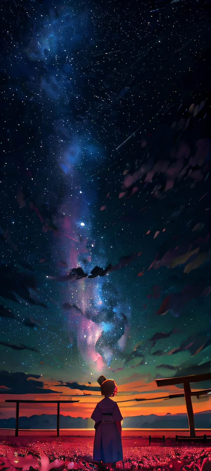1girl, a distant girl kiss girl in a kimono gazing at the stars, (zoomed: 1.1), (meteor shower: 1.2), (comet: 1.1), your name, low angle, from behind, Northern Lights, meteors, yukata, red kimono, cherry blossoms, standing in the field, best quality, masterpiece, clouds, colorful, starry, stars,