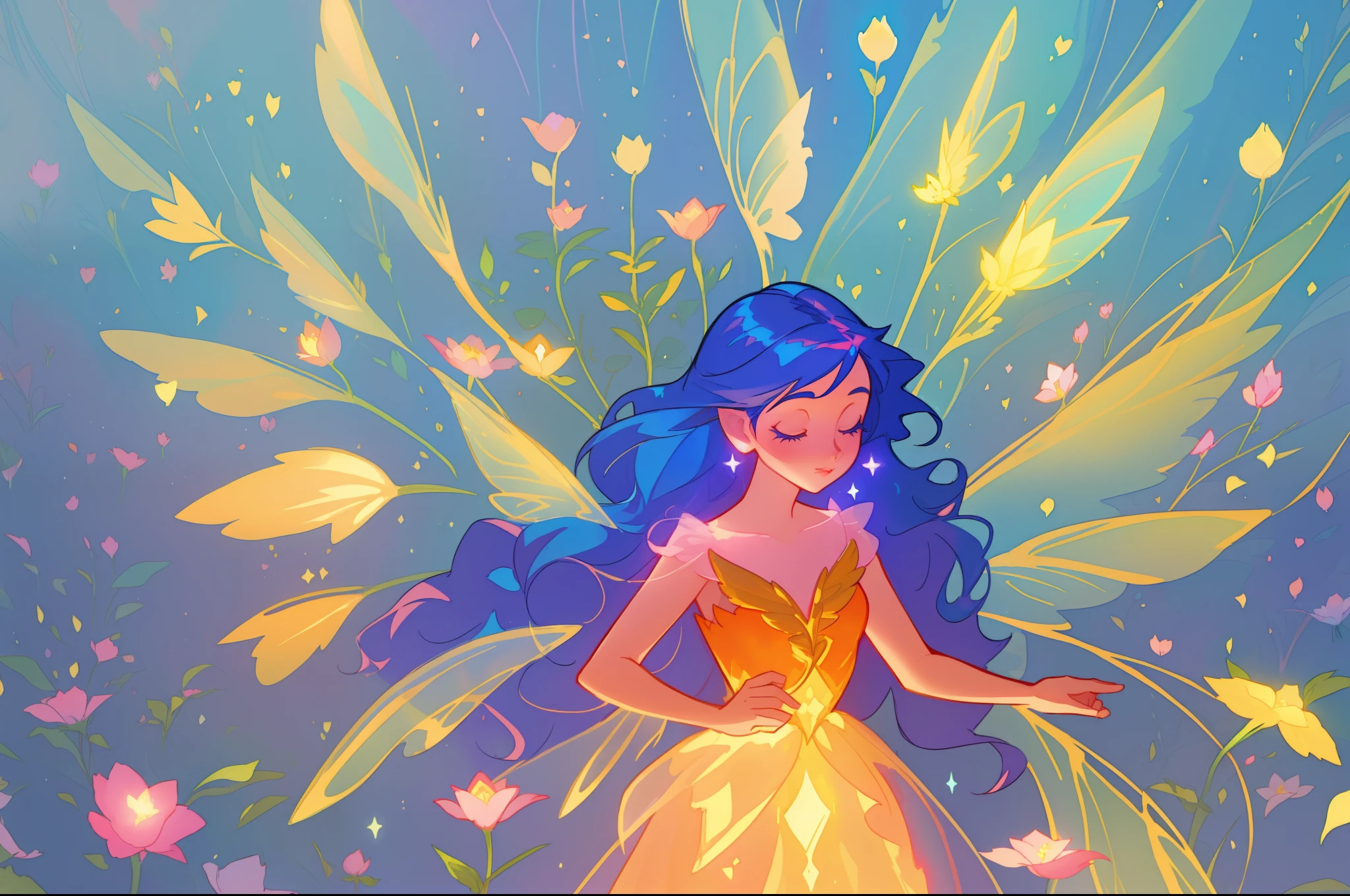 beautiful girl in flowing dress, (glowing fairy wings), glowing flowing ballgown, long wavy hair, sparkling fairy wings, watercolor illustration, flowers and colorful plants, inspired by Glen Keane, inspired by Lois van Baarle, disney art style, by Lois van Baarle, glowing aura around her, by Glen Keane, jen bartel, glowing lights! digital painting, flowing glowing hair, glowing flowing hair, beautiful digital illustration, fantasia otherworldly landscape plants flowers, beautiful, masterpiece, best quality, anime disney style