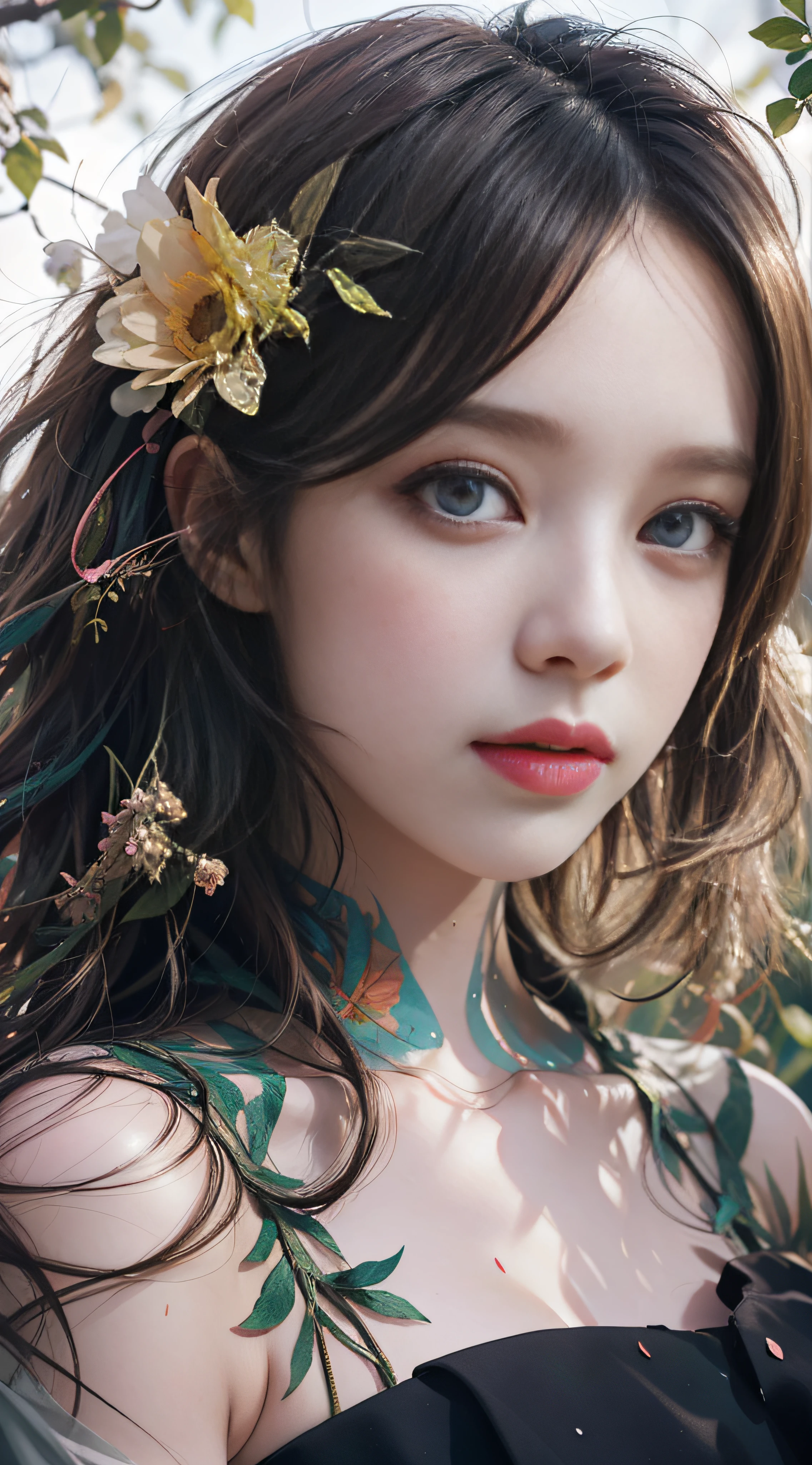 high quality, 8K Ultra HD, high detailed, Watercolor, wash technique, colorful, A painting with dripping and scattered paint, Painting like Agnes Cecile, blurry, pale touch, smudged outline, like a fairy tale, Beautiful woman made with flower colorage, huge breasts, dramatic lighting, expressing women using flowers and plants, cutting and combining petals and leaves, drawing women's hair and dresses using the colors and shapes of flowers, vivid colors and nature, luminism, three dimensional effect, enhanced beauty, Albert Anker, Feeling like John Howe, Greg Rutkowski, Feeling like Kyoto Animation, Artgerm, WLOP, Alphonse Beeple, luminism, Isometric, awesome full color,