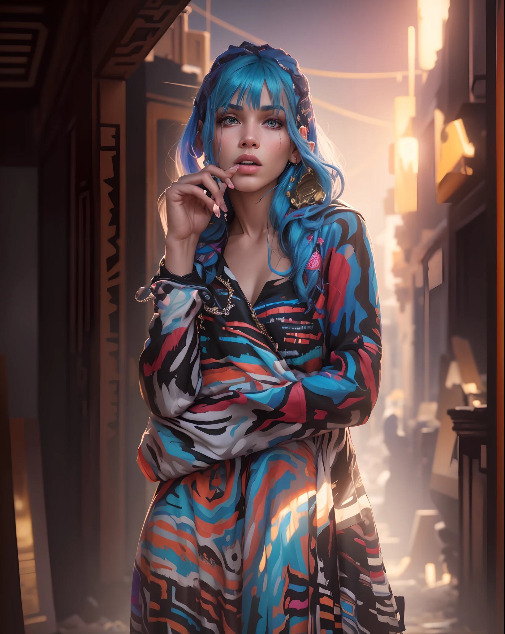 Genie,masterpiece, realistic photography, colorful background, detailed portrait, intricate details, rich colors, in style of futurism fashion, streetwear thug slavic girl, in the style of bandanas + totems, cultural documentation, colorful clothing, jewlery, raw lifestyle photography, billionaire-girls-club, flat color palette, 8k, lumen