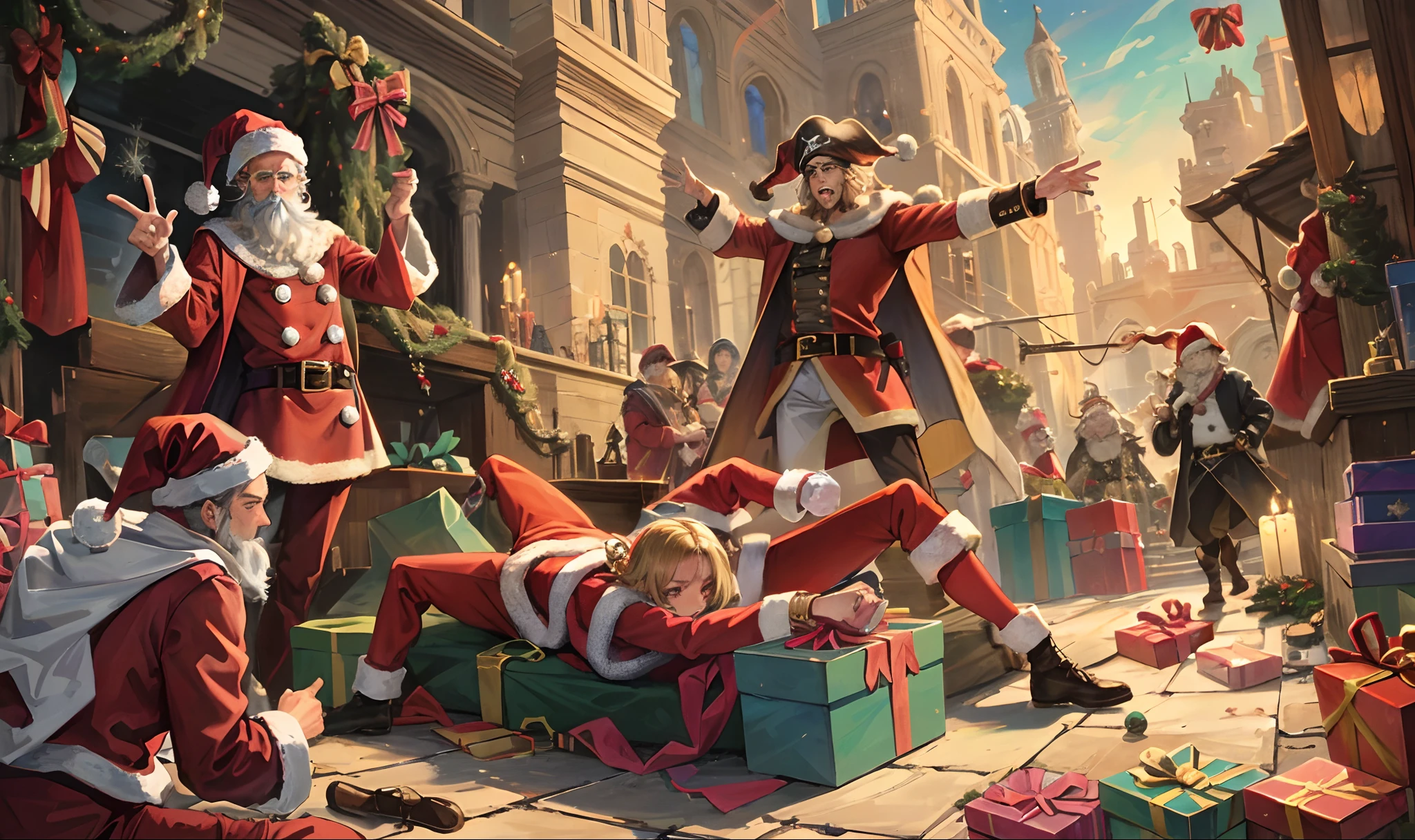 Anthropomorphic bulldogmen buccaneers and pirates stand triumphant over a defeated Santa Claus. Santa Claus laying on the earth beneath the bulldogmen, laid low. Messianic bulldogman energy
