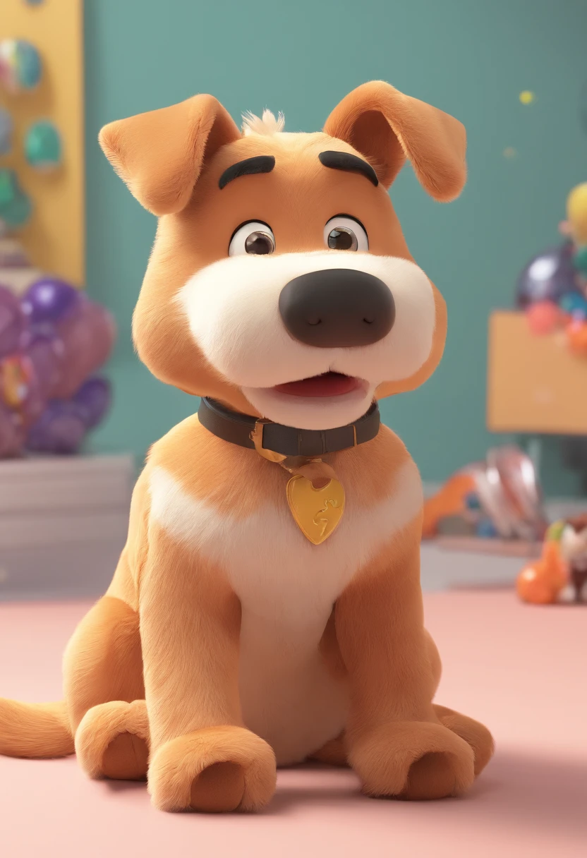 Plush toy dog,Frontal view,Plush toy puppy,largeeyes,cropped legs,Long hands,stand posture,Cute healing,gentle expressions,o cachorrinho,Plush rendering,C4D modeling,shaggy,solid color backdrop,Front lens