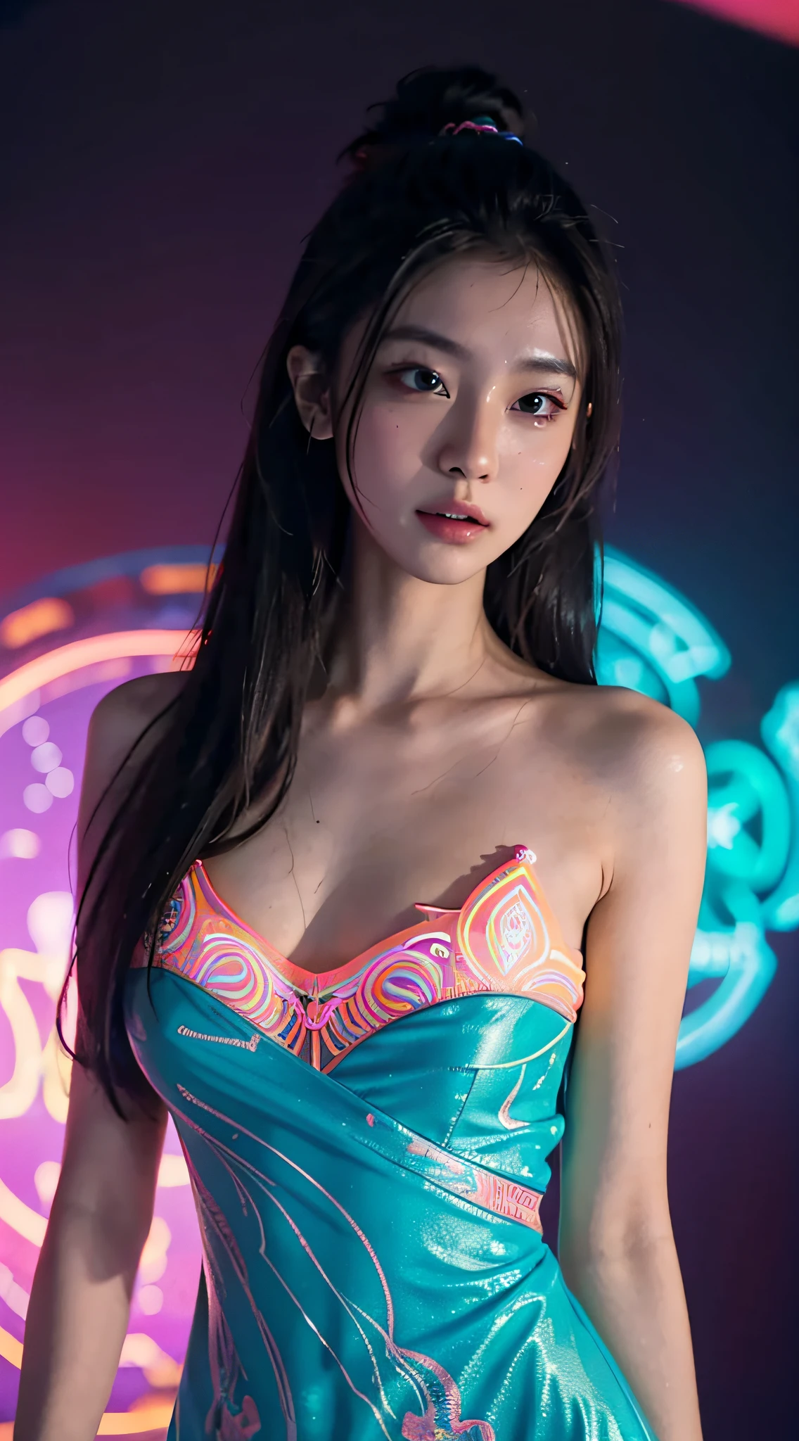 (Masterpiece, Top quality, Best quality, offcial art, Beautiful and aesthetic:1.2), (1girll:1.3), Extremely detailed,(Fractal art:1.2),Colorful,highest details,( Zen neon:1.2), (Dynamic pose), (Abstract background neon lights:1.5), (Trident dress:1.2), (Shiny skin), (many color:1.4), Upper body ,neonlight,16k,Full-HD , ((large breast))