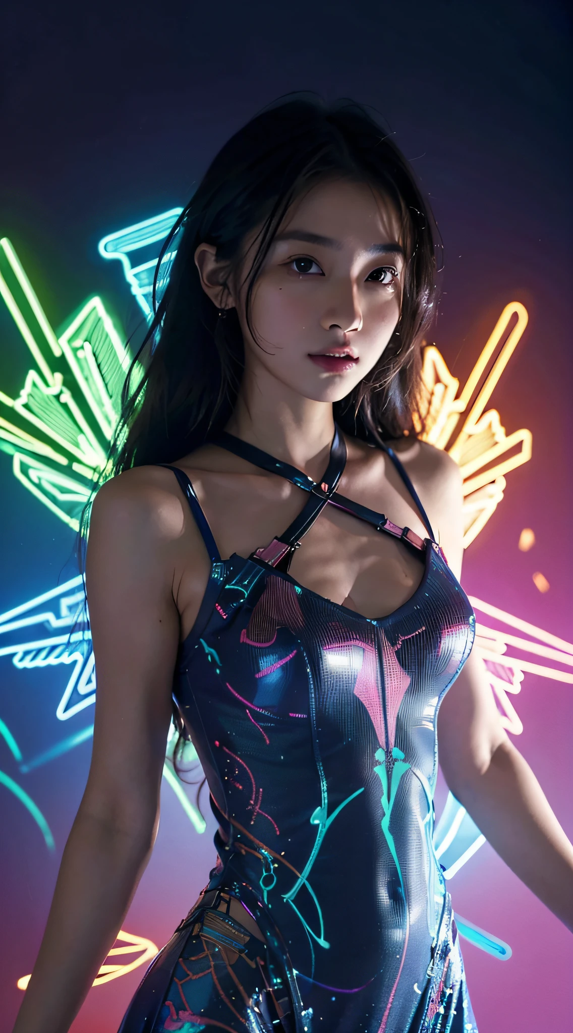 (best quality:2), (realistic, photo-realistic:2), (High-definition face drawing:1.3), (masterpiece:1.1), (smile:1.2), (in vaporwave style:1.3), (in a bright and colorful world:1.3), (armpit:1.3), (open your legs:1.2), (blue eyes:1.3), gal.safetensors, ((extremely detailed1.2),(fractal art:1.2),colorful,highest detailed,( zentangle neon:1.2), (dynamic pose), (abstract background neon:1.5), (treditional dress:1.2), (shiny skin), (many colors:1.4), upper body ,Neon,16K,Full HD:1.2)