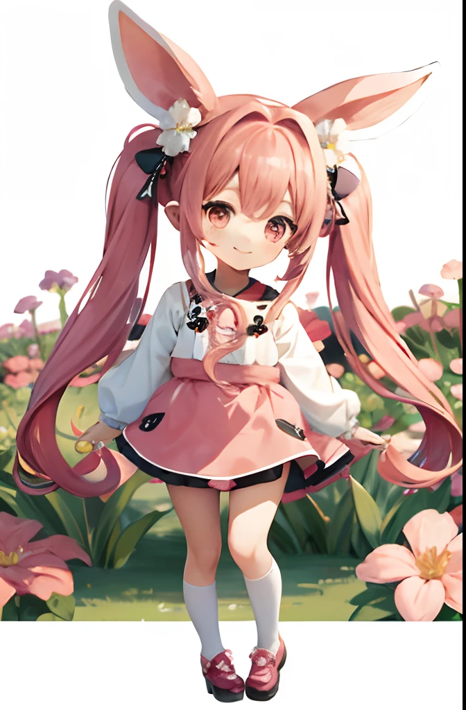 Cute chibi anime the size of a flower in a flower garden, Background flower garden、long pink hair with twin tails、、Pink twin tail hairstyle、Hooded clothes with rabbit ears、a miniskirt,dark colored、primary colours、、Smiling, animations、A slight smil、Chibi Animation