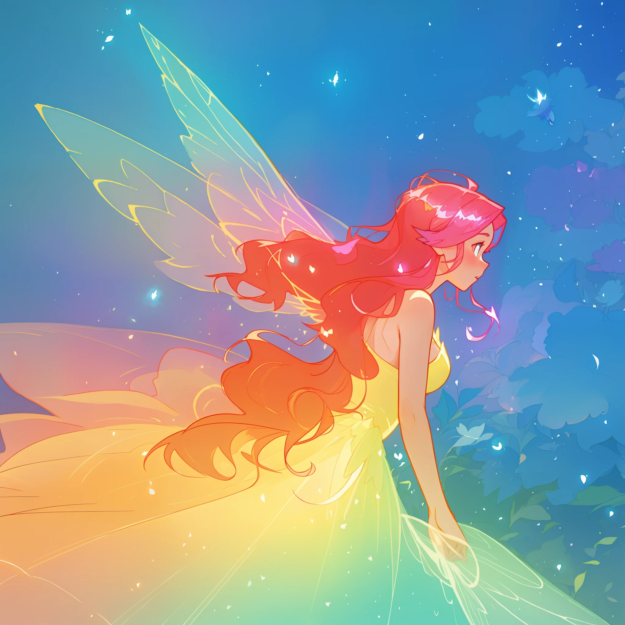 beautiful girl in flowing ballgown dress, (glowing fairy wings), glowing flowing ballgown, long wavy hair, sparkling fairy wings, watercolor illustration, flowers and colorful plants, inspired by Glen Keane, inspired by Lois van Baarle, disney art style, by Lois van Baarle, glowing aura around her, by Glen Keane, jen bartel, glowing lights! digital painting, flowing glowing hair, glowing flowing hair, beautiful digital illustration, fantasia otherworldly landscape plants flowers, beautiful, masterpiece, best quality, anime disney style