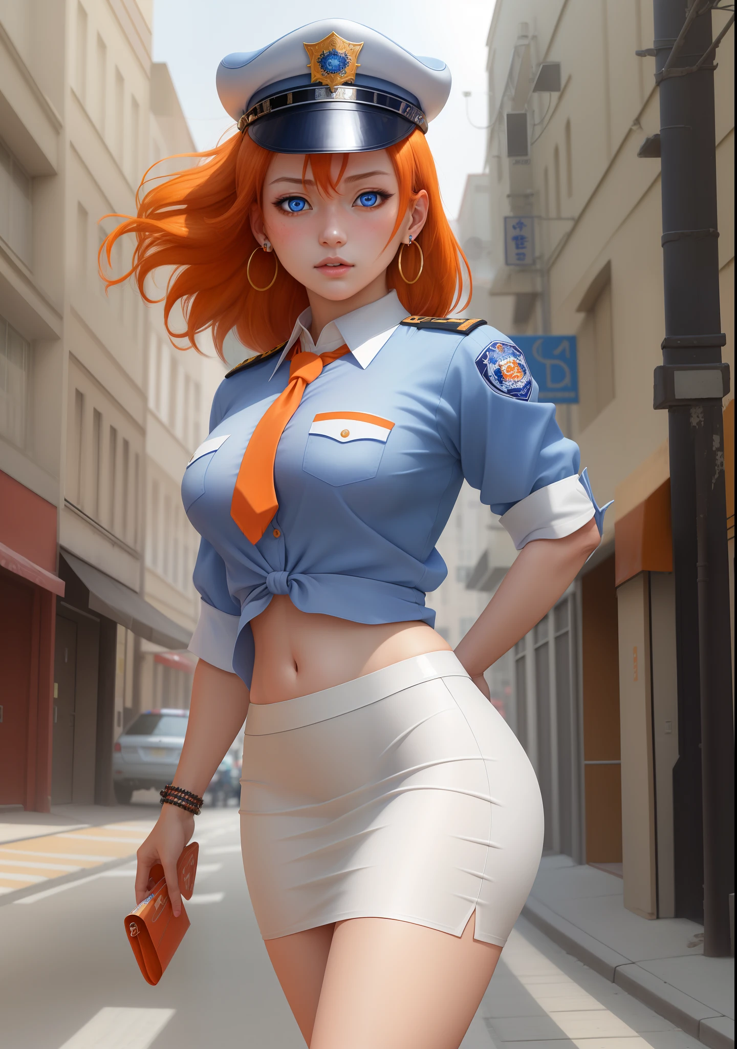 Masterpiece, best quality, detailed face, realistic art, kousaka honoka, blue eyes, orange hair, white shirt,half sleeves,earrings, impossible clothes, tight white low pencil skirt, midriff, necktie,  police cap,in street,looking at viewer, cowboy shot,skin tight