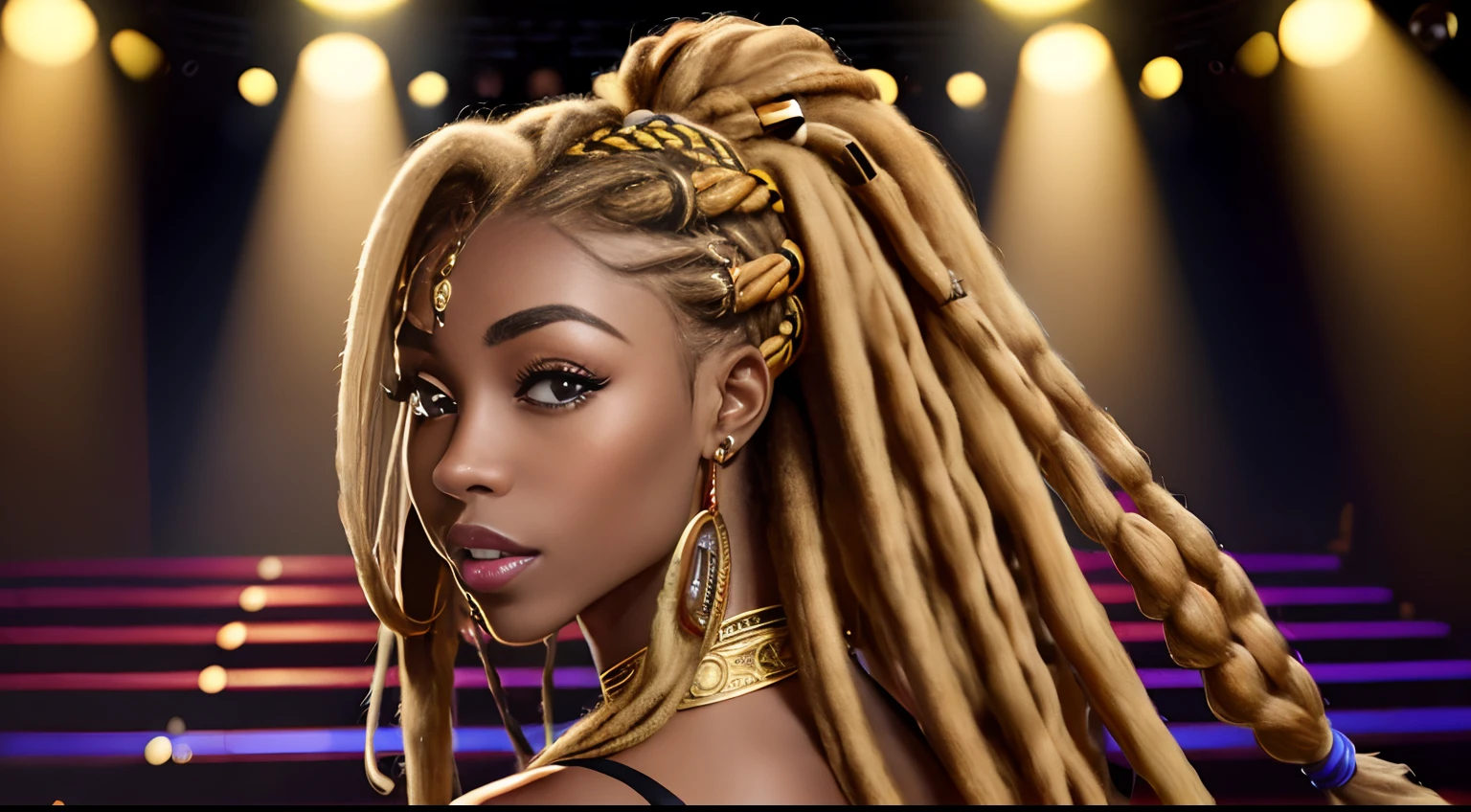 (Masterpiece:1.2), (Best Quality:1.2), perfect  eyes, Woman in her 40s, perfect faces, Dark stage lighting, photo shoot, (Light blonde), (Light blonde), (Light blonde), long  hair, ponytail hair, long  hair, ponytail hair, long  hair, ponytail hair, 1Girl dark skin, Gorgeous tribal dresses,  thick eyelashes, makeups, eyeshadows, (Dreadlocks ), (Dreadlocks ), (Dreadlocks ), (microphone), (Singing on the club stage), (microphone), (Singing on the club stage), (microphone), (Singing on the club stage), (Hip Hop), (Hip Hop), (Hip Hop), (Look straight ahead of the screen), (Look straight ahead of the screen), (Look straight ahead of the screen)