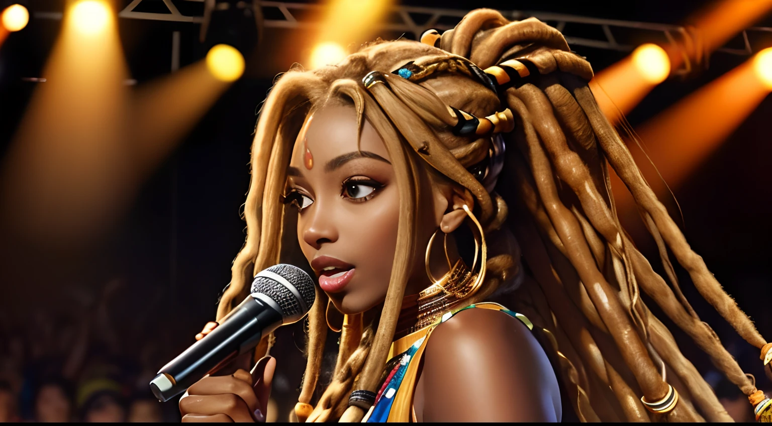 (Masterpiece:1.2), (Best Quality:1.2), perfect eyes, Woman in her 40s, perfect faces, Dark stage lighting, photo shoot, (Light blonde), (Light blonde), (Light blonde), long hair, ponytail hair, long hair, ponytail hair, long hair, ponytail hair, 1Girl dark skin, Gorgeous tribal dresses, thick eyelashes, makeups, eyeshadows, (Dreadlocks ), (Dreadlocks ), (Dreadlocks ), (microphone), (Singing on the club stage), (microphone), (Singing on the club stage), (microphone), (Singing on the club stage), (Hip Hop), (Hip Hop), (Hip Hop), (Look straight ahead of the screen), (Look straight ahead of the screen), (Look straight ahead of the screen)