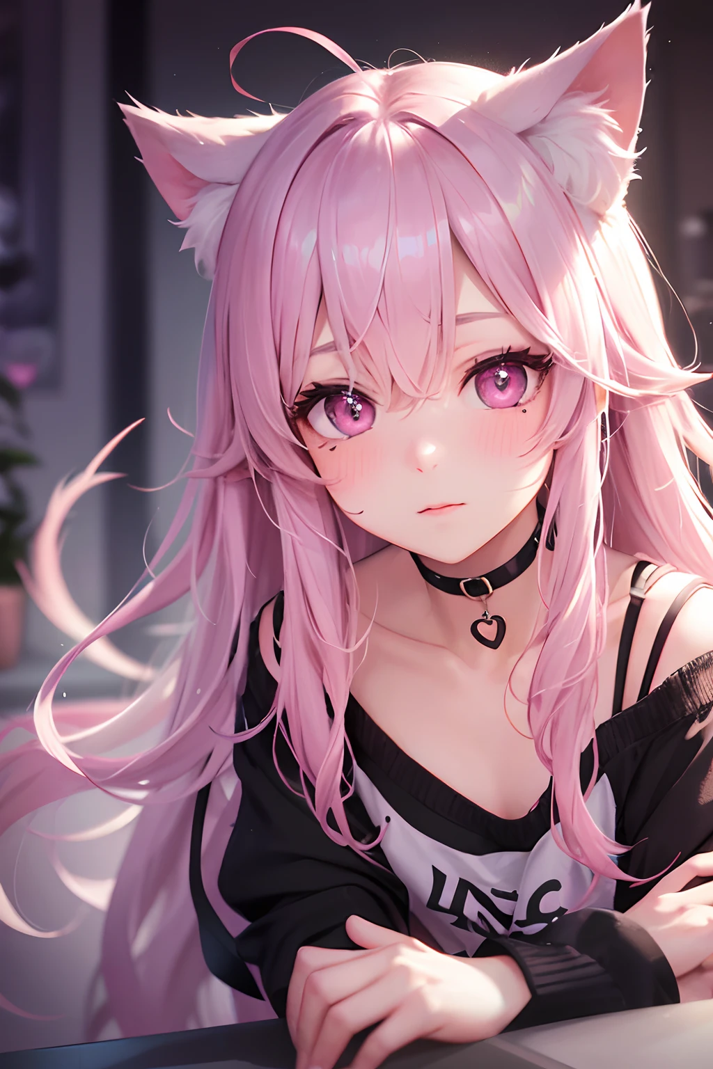 striated hair,Pink twin-tailed hair,   Mole under the eyes, mole under mouth, Heart-shaped pupil, longeyelashes, Pink eyes, Heart-shaped choker、full body Esbian、gazing at viewer、Shy, blush, tusk, ear blush, nose blush,Anime style, Color Field Painting, Ray tracing, bloom, One-person viewpoint, nffsw, awardwinning, 16 K, Best Quality, high details, High quality, masutepiece, hight resolution, ccurate, Super Detail、Cat without ears