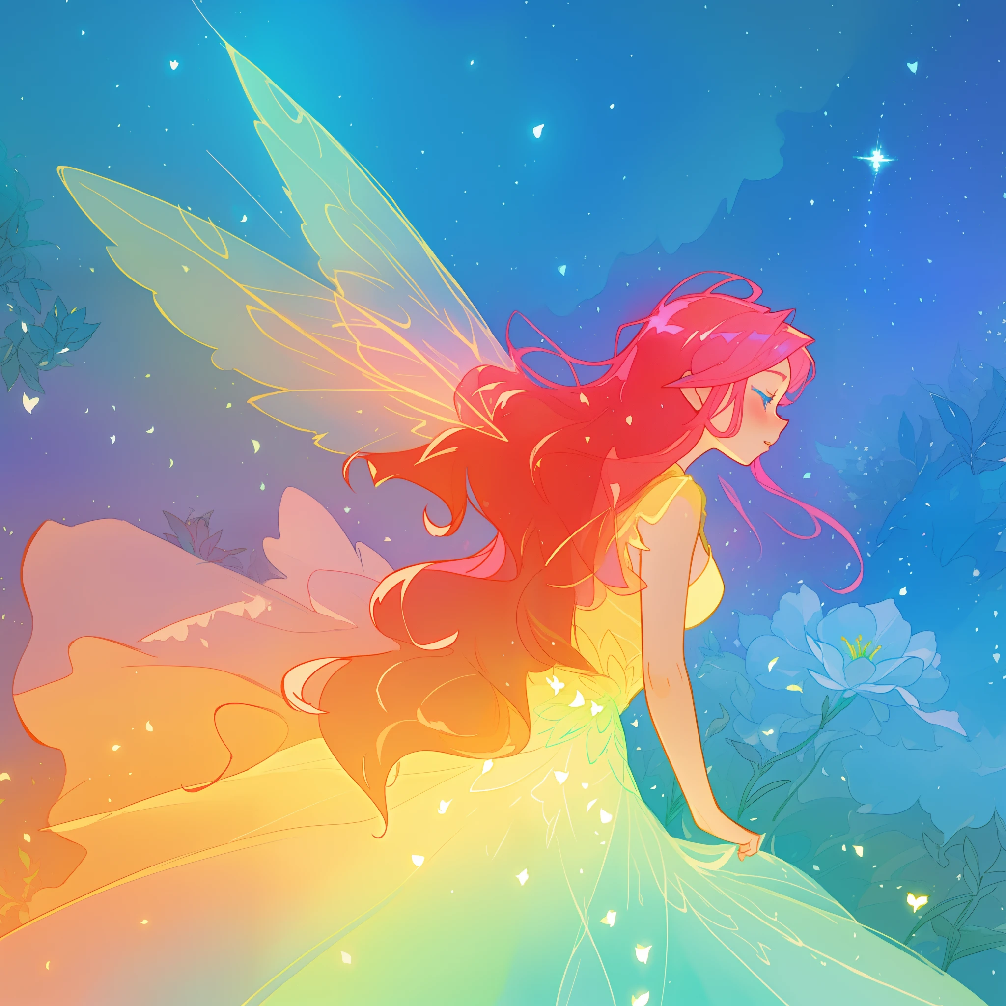 beautiful girl in flowing ballgown dress, (glowing fairy wings), glowing flowing ballgown, long wavy hair, sparkling fairy wings, watercolor illustration, flowers and colorful plants, inspired by Glen Keane, inspired by Lois van Baarle, disney art style, by Lois van Baarle, glowing aura around her, by Glen Keane, jen bartel, glowing lights! digital painting, flowing glowing hair, glowing flowing hair, beautiful digital illustration, fantasia otherworldly landscape plants flowers, beautiful, masterpiece, best quality, anime disney style