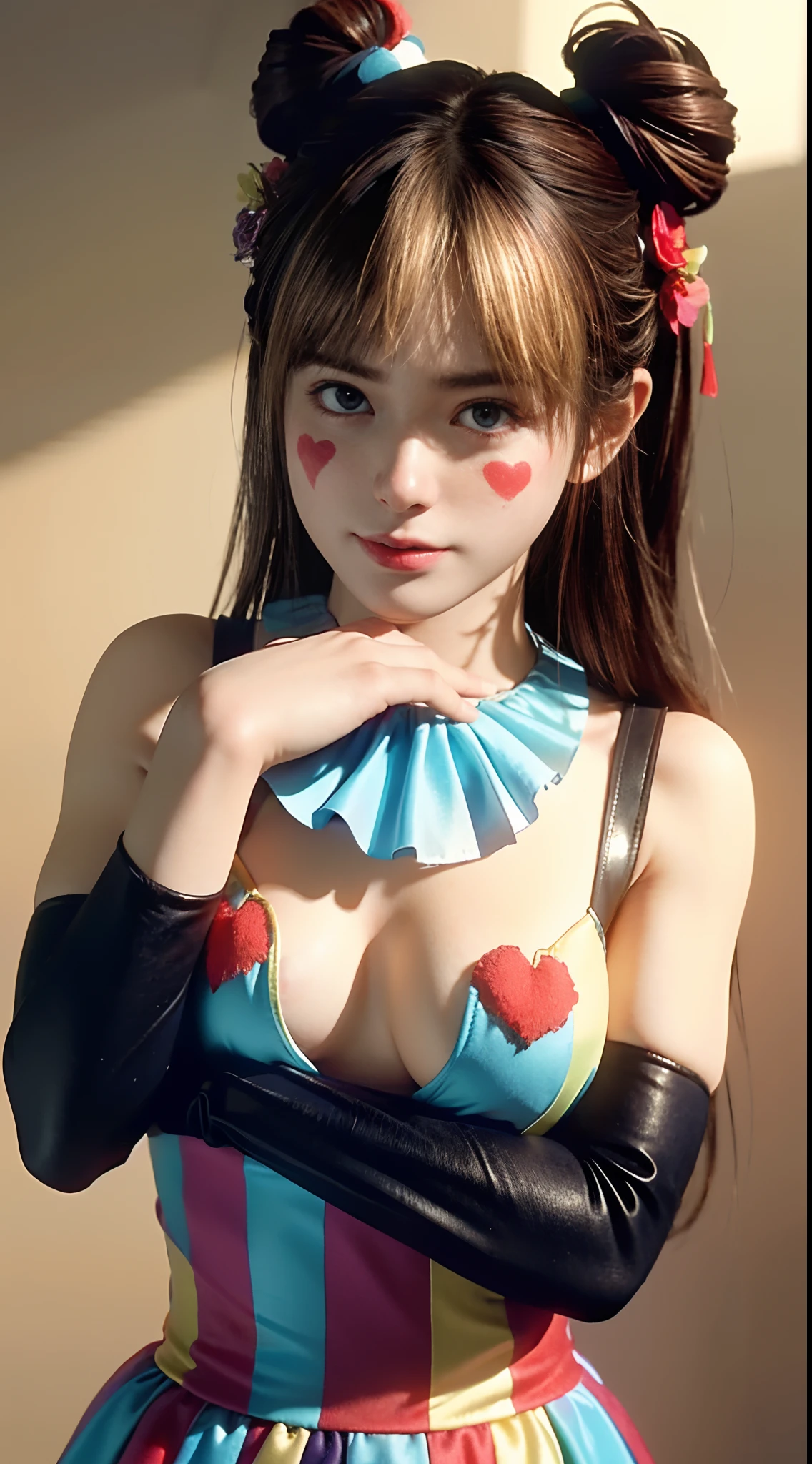 NFFSW,NFFSW,8K, Best quality, masutepiece, Highly detailed, Studio lighting, Physically-based rendering, 1girl in, Solo,
jocker. Colorful, Clown hat and flowers, Clown costume, mitts, The heart is drawn on the face, dark gold hair,(Sad), White face, Wavy hair, hair-bun, 
(Upper body) full bodyesbian,