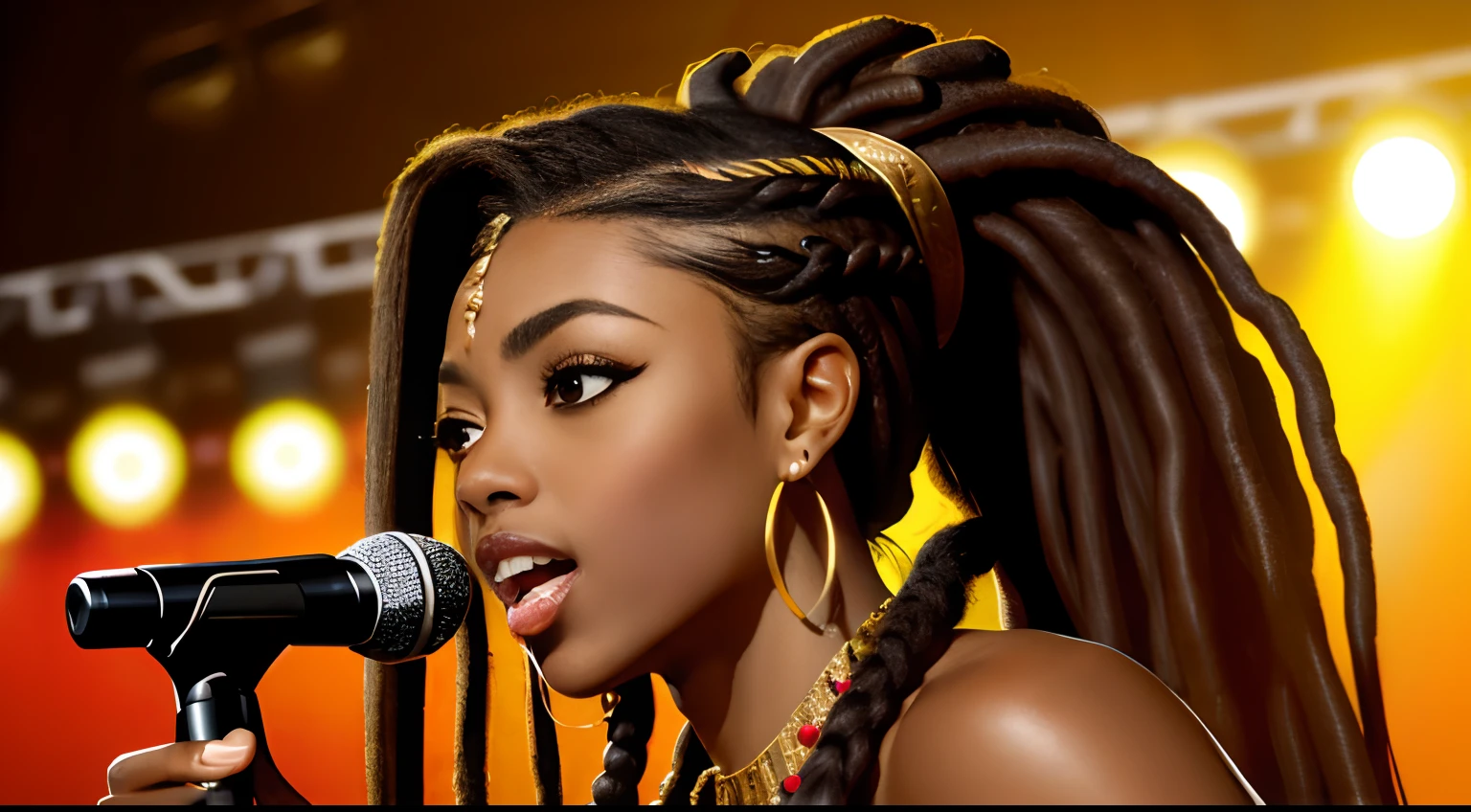 (Masterpiece:1.2), (Best Quality:1.2), perfect eyes, Woman in her 40s, perfect faces, Dark stage lighting, photo shoot, long hair, ponytail hair, long hair, ponytail hair, long hair, ponytail hair, 1Girl dark skin, Gorgeous tribal dresses, thick eyelashes, makeups, eyeshadows, middle way hair, (Dreadlocks ), (Dreadlocks ), (Dreadlocks ), (microphone), (Singing on the club stage), (microphone), (Singing on the club stage), (microphone), (Singing on the club stage), (Hip Hop), (Hip Hop), (Hip Hop)