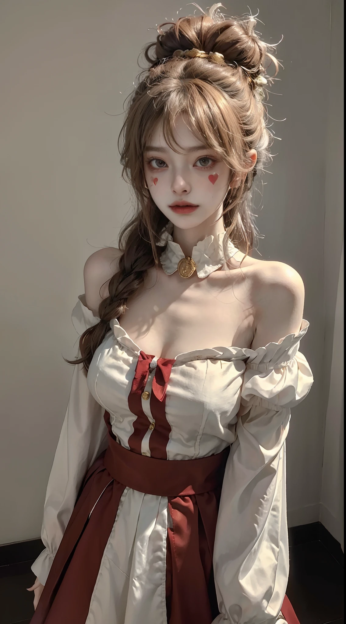 NFFSW,NFFSW,8K, Best quality, masutepiece, Highly detailed, Studio lighting, Physically-based rendering, 1girl in, Solo,
jocker. Colorful, Clown hat and flowers, Clown costume, mitts, The heart is drawn on the face, dark gold hair,(Sad), White face, Wavy hair, hair-bun,
(Upper body) full bodyesbian,
