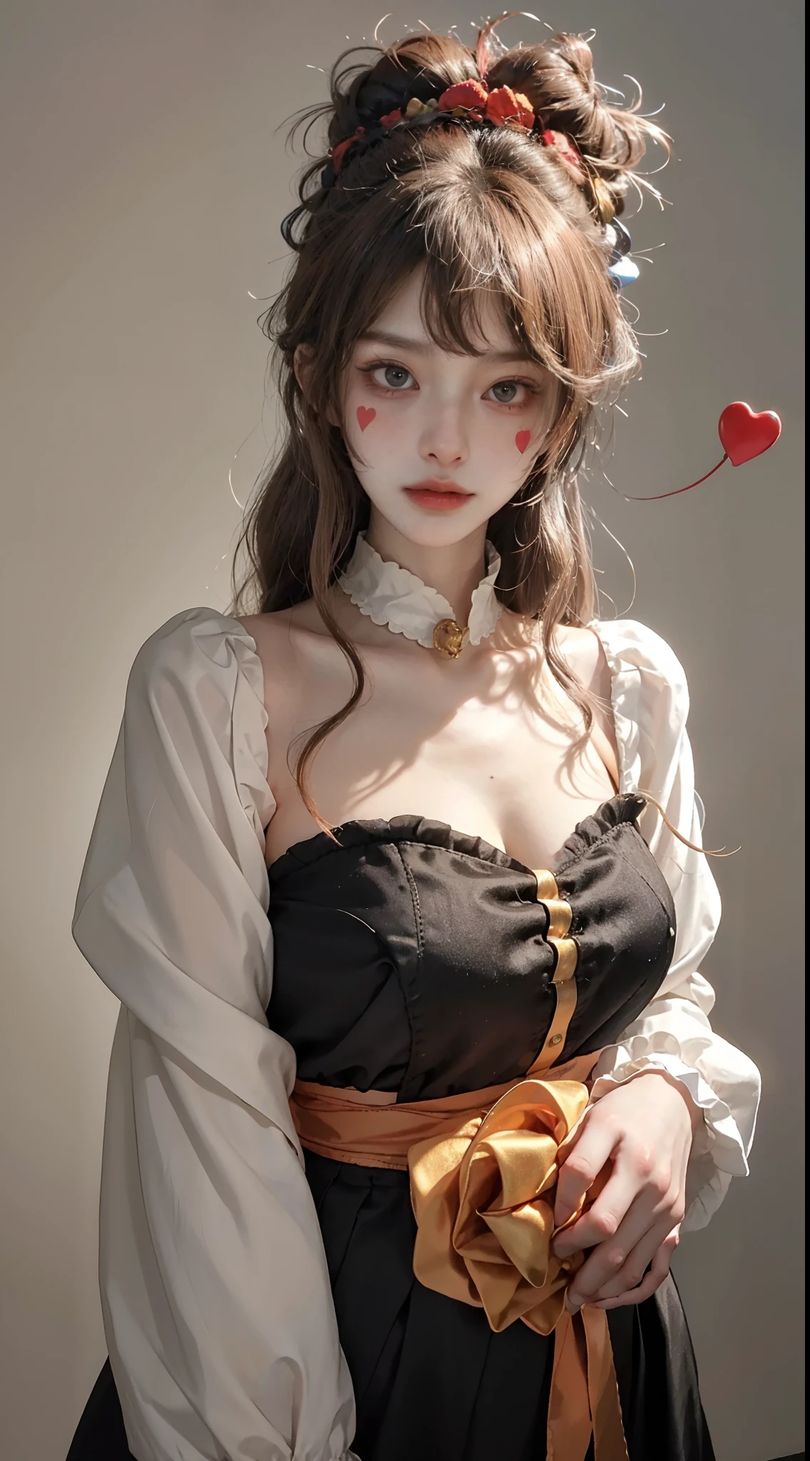 NFFSW,NFFSW,8K, Best quality, masutepiece, Highly detailed, Studio lighting, Physically-based rendering, 1girl in, Solo,
jocker. Colorful, Clown hat and flowers, Clown costume, mitts, The heart is drawn on the face, dark gold hair,(Sad), White face, Wavy hair, hair-bun, 
(Upper body) full bodyesbian,