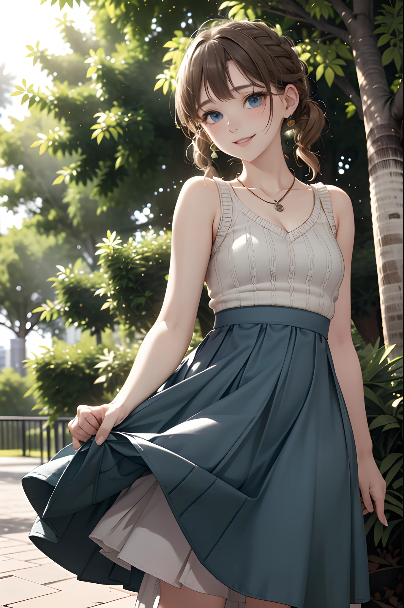 absurderes, ultra-detailliert,bright colour, extremely beautiful detailed anime face and eyes, (独奏:1.6), (A park full of greenery:1.5),;D,(Happy smile:1.3) shiny_skin,25 years old, Short hair, , asymmetrical bangs, Blonde hair with short twin tails, Shiny hair, (Forehead:1.2),Delicate beautiful face, red blush,(Deep Blue Eyes:1.3 ),(long  skirt:1.3),White skin,(Sleeveless knitwear),Dr.Martens,hair clips, earrings, One necklace,