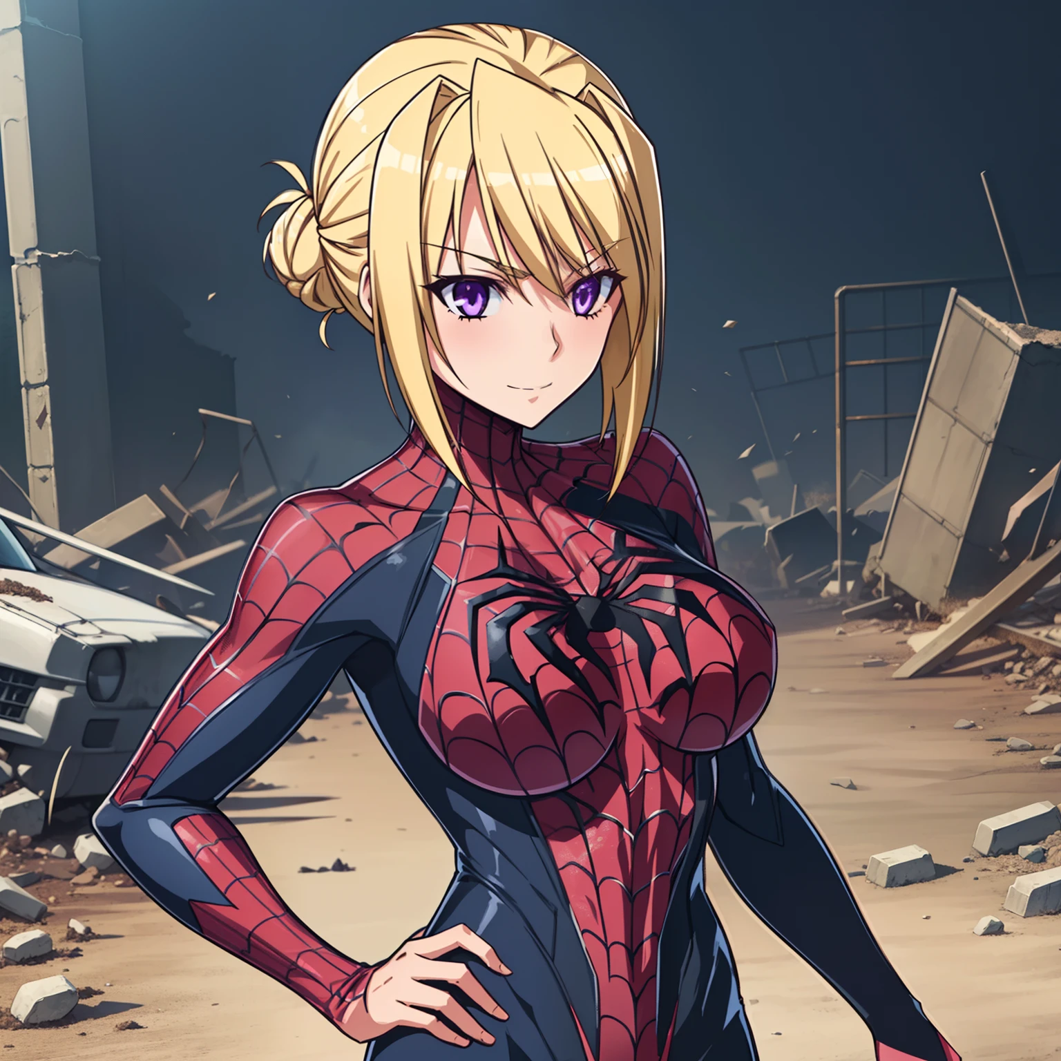 1girl,big breasts,standing in ruined city,(8k),scratches,detailed face,blond hair,purple eyes,short hair,bun,embarassed,small smile face,high_res, high_definition,the battlefield,Heroic pose,dark suit, (symbiote spider man Custome:1.1),